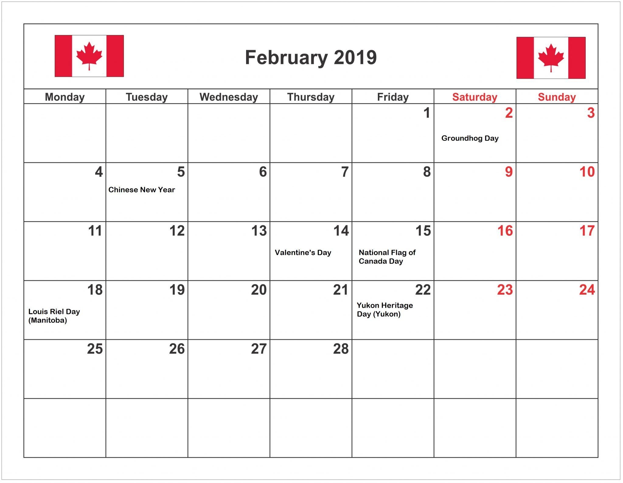 February 2019 Calendar With Holidays Canada February 2019 Calendar
