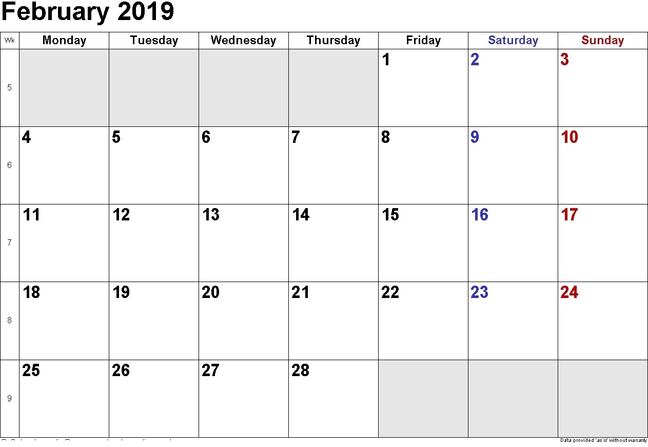 Free Download February 2019 Calendar With Holidays Free Online