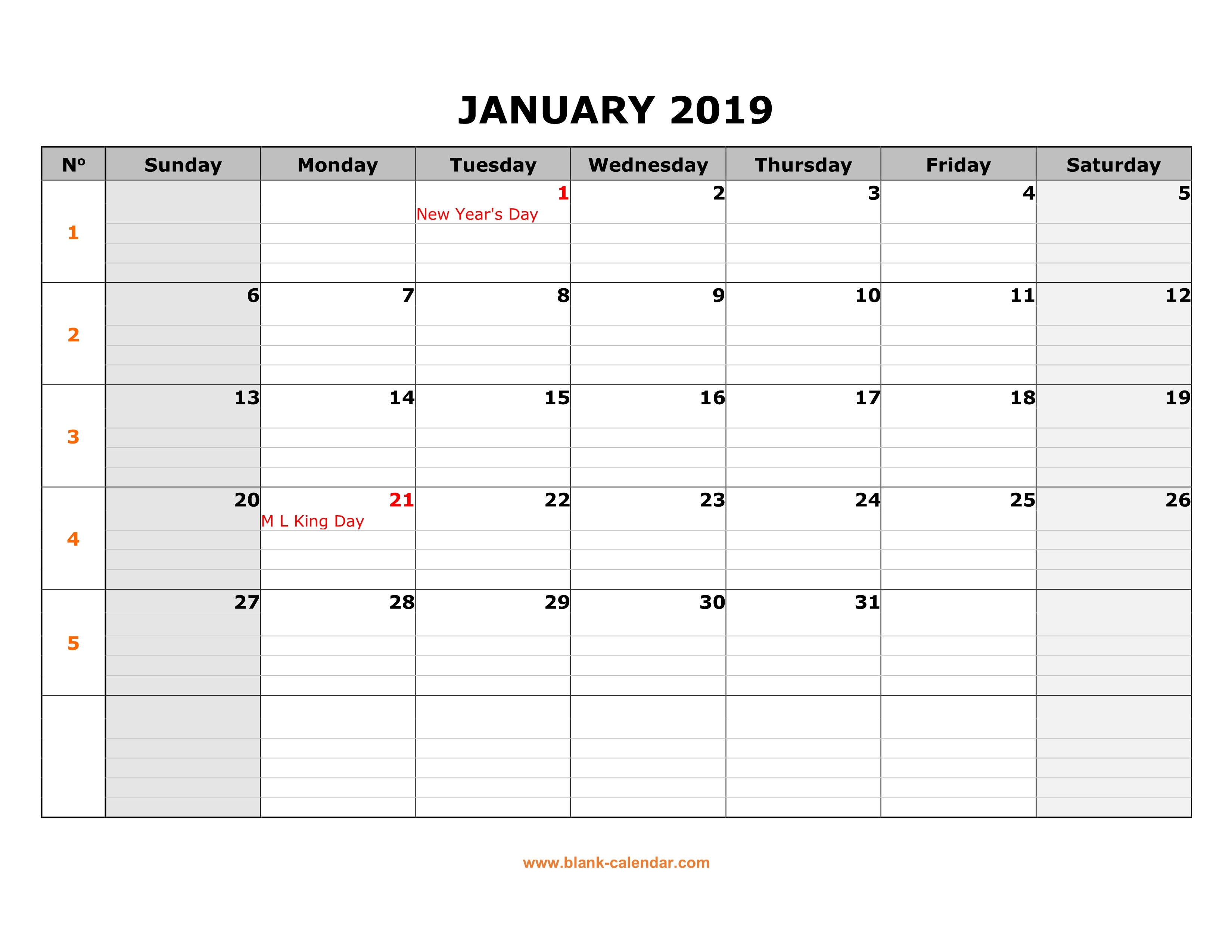 2019 Monthly Templates In Landscape Format With Holidays And Daily Notes