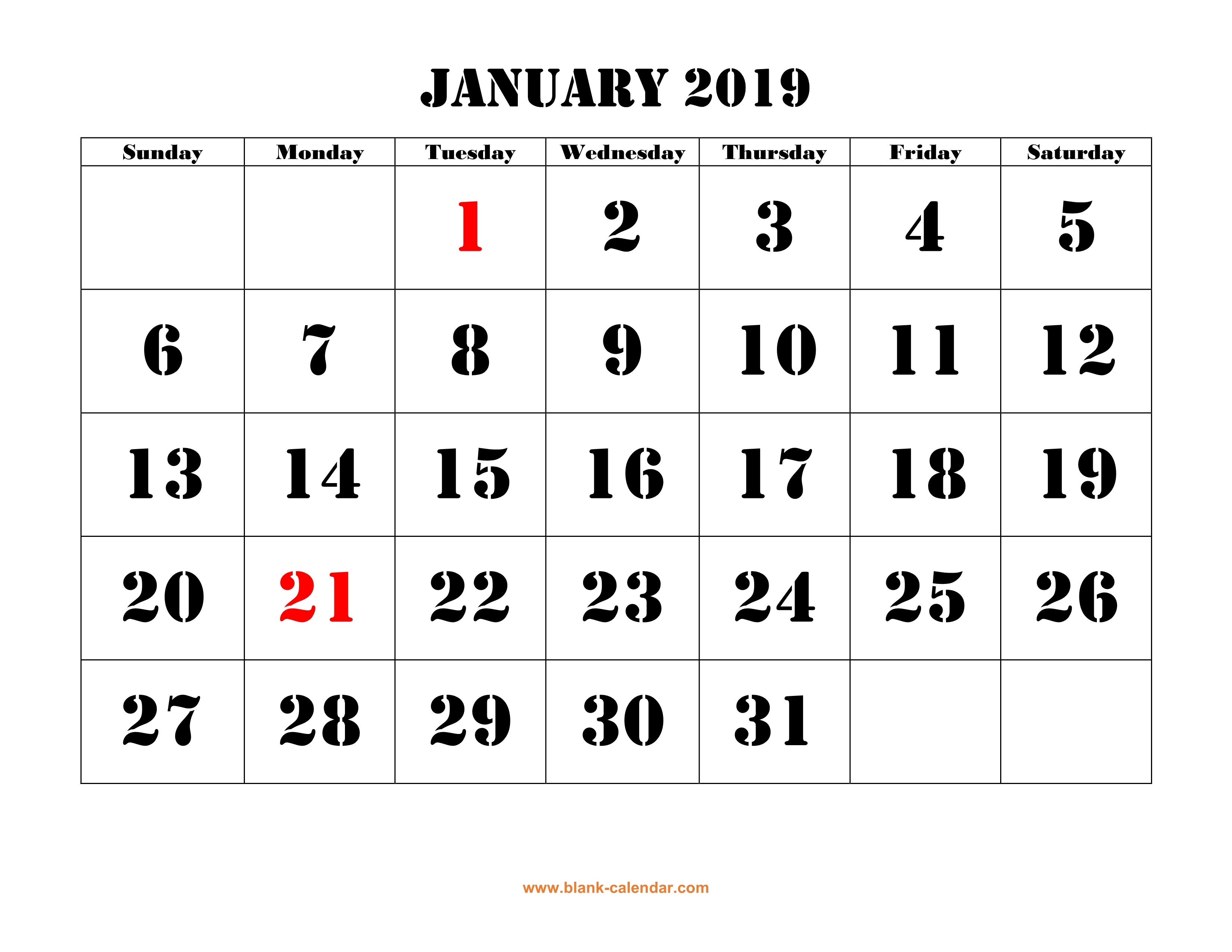 Free Download Printable January 2019 Calendar Large Font Design