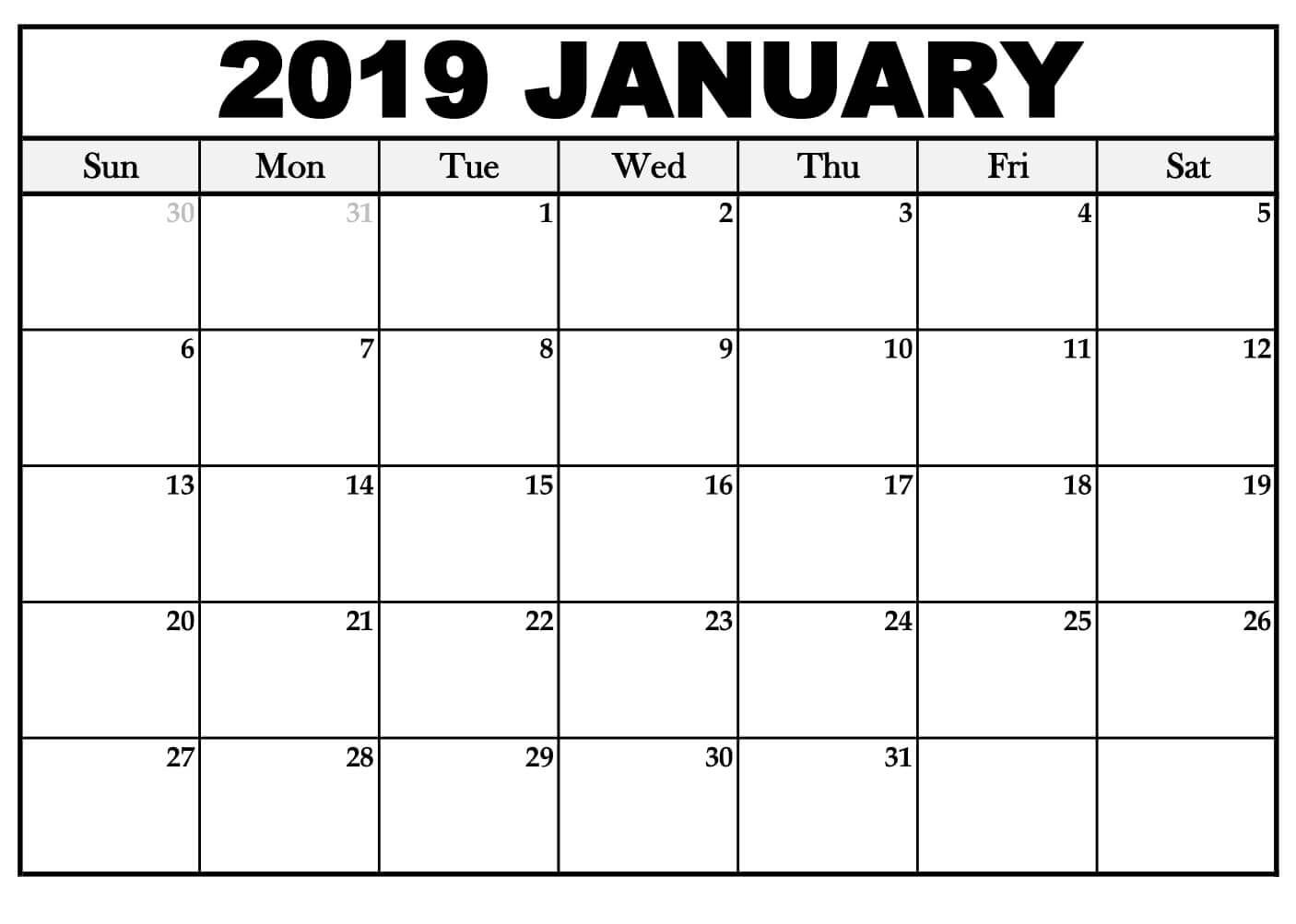 January 2019 Calendar For Vertical Template Free Printable January