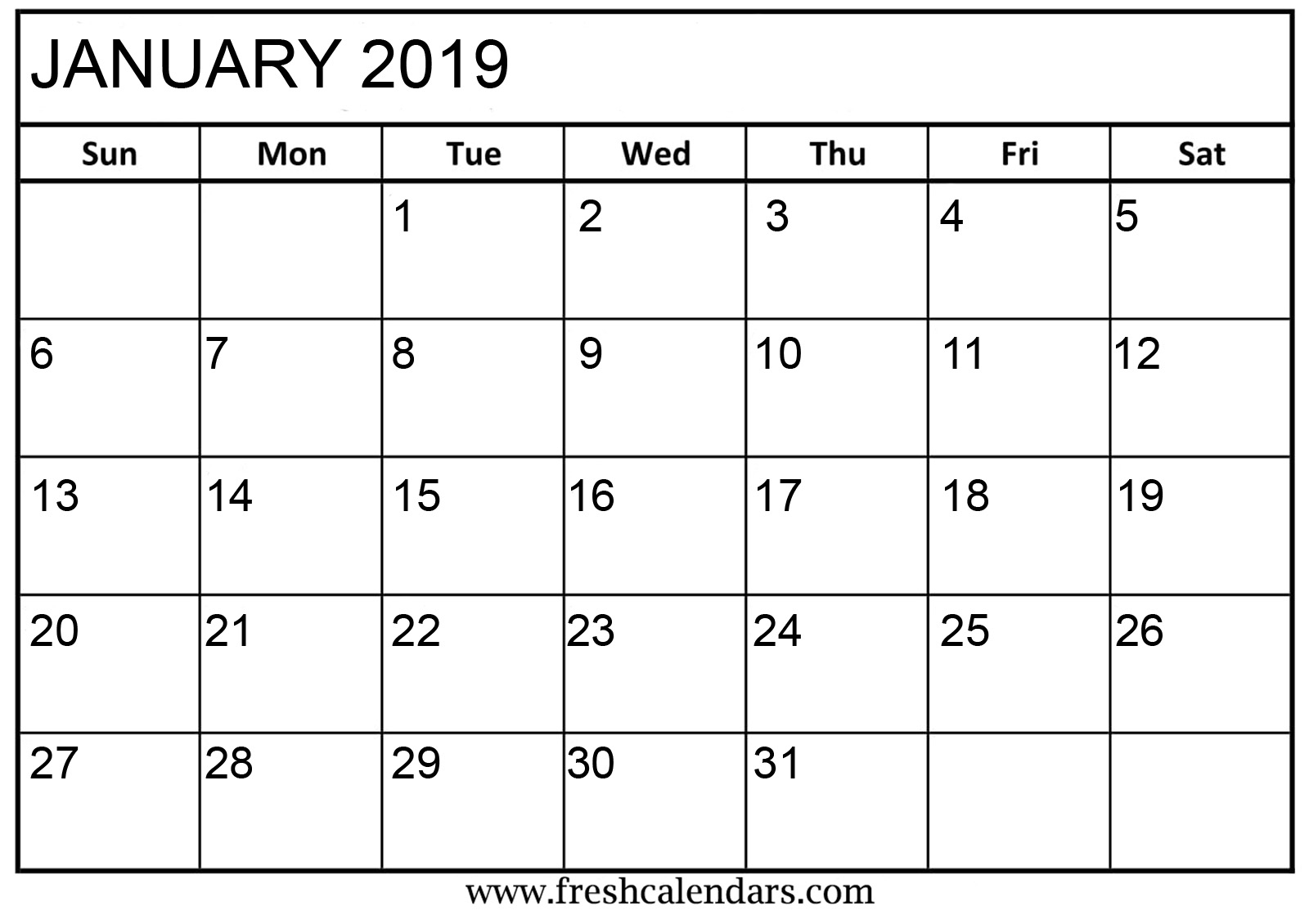 Jan 2019 Printable Calendar