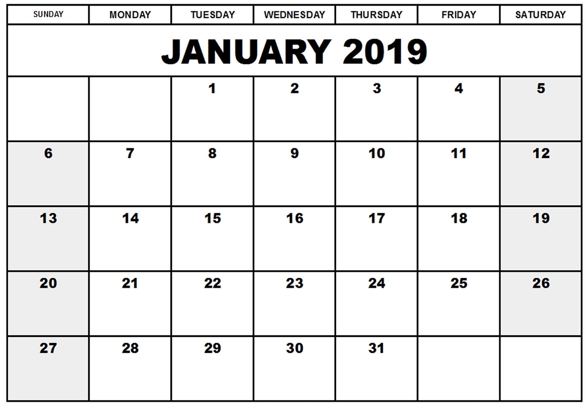 January 2019 Printable Calendar Template Pdf Excel Word January