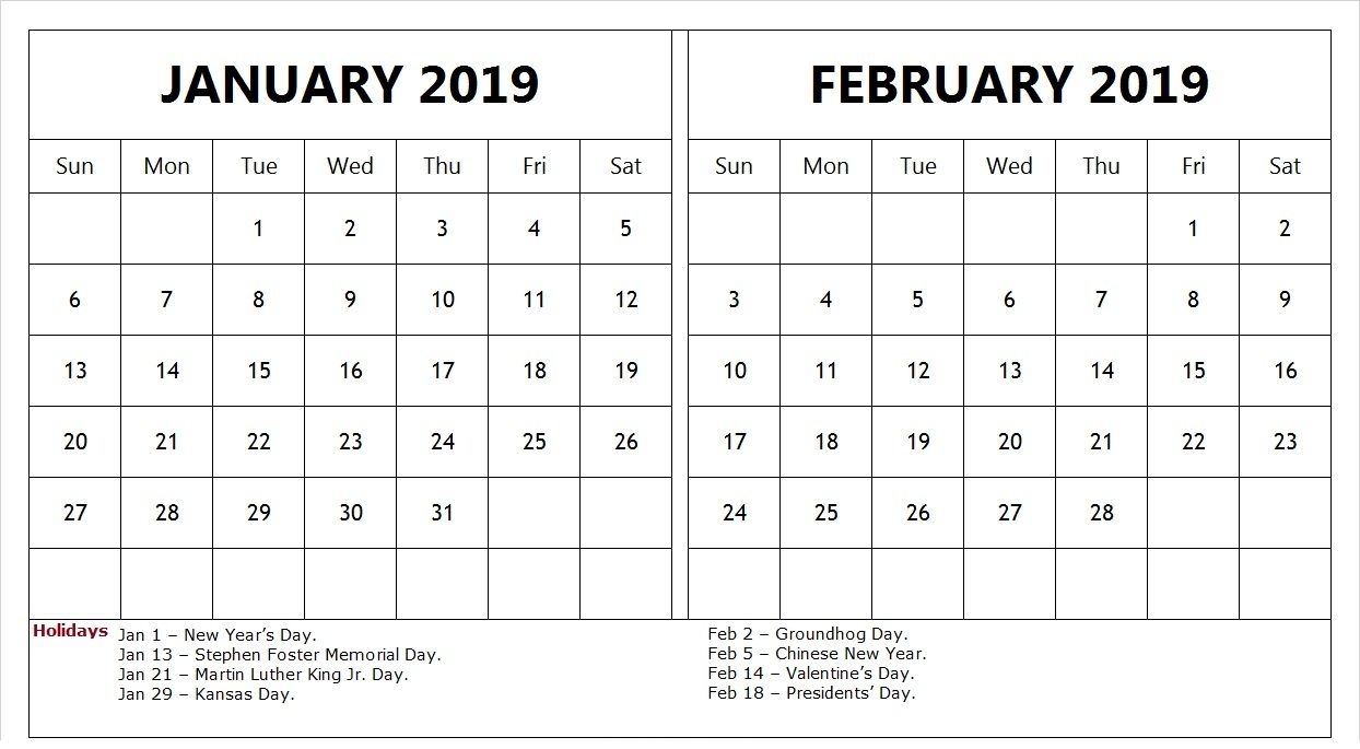 January February 2019 Calendar