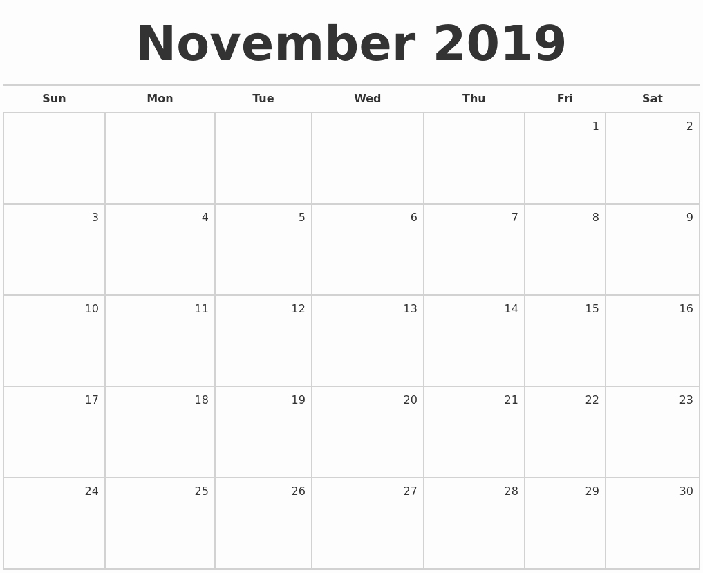November 2019 Calendar Printable Free November 2019 Blank Monthly