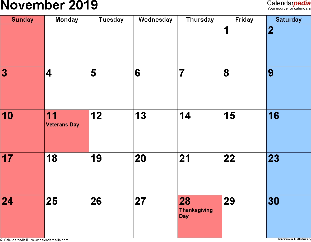 November 2019 Calendars For Word Excel Pdf