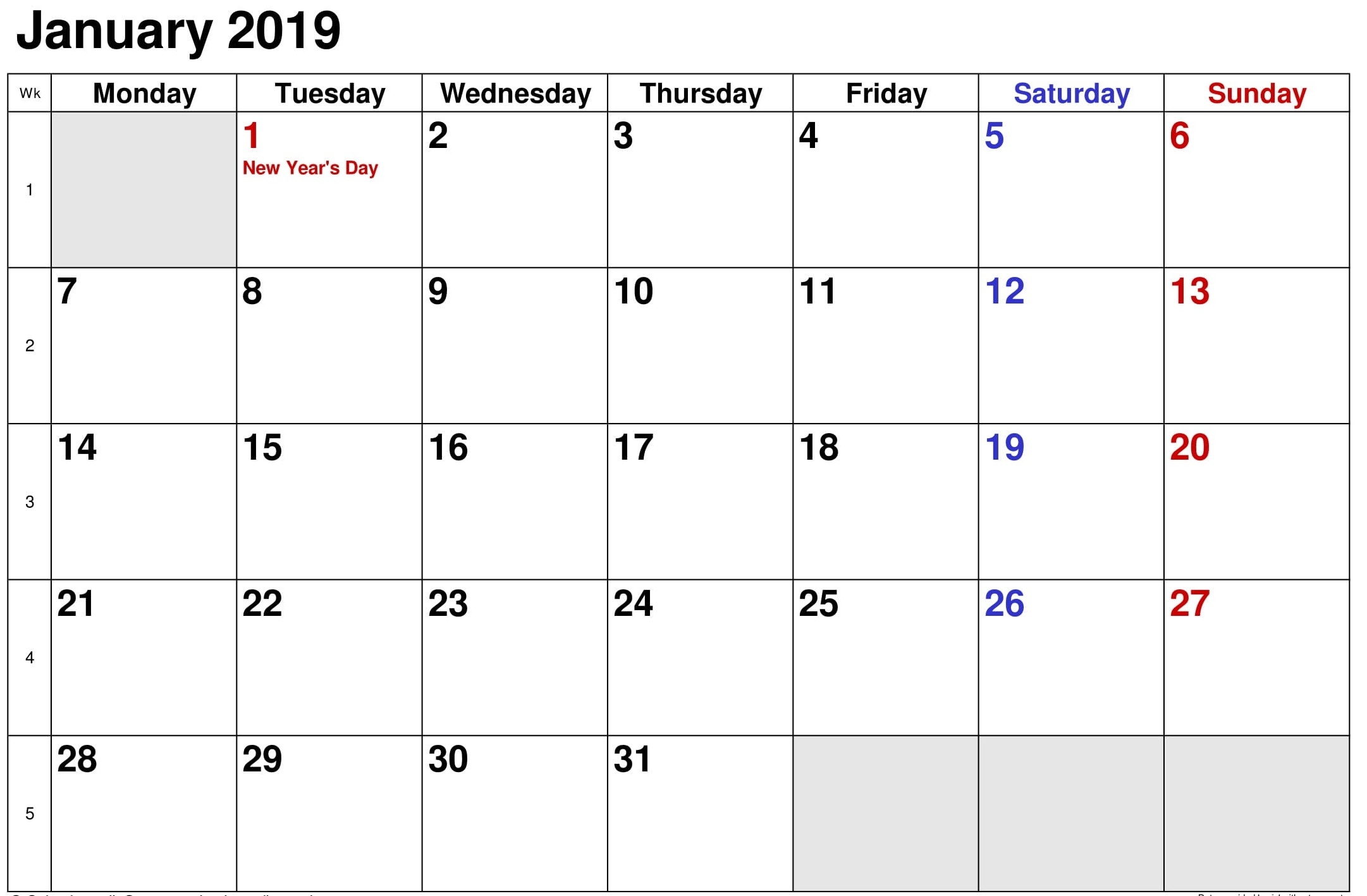 January 2019 Calendar Holidays Free Image
