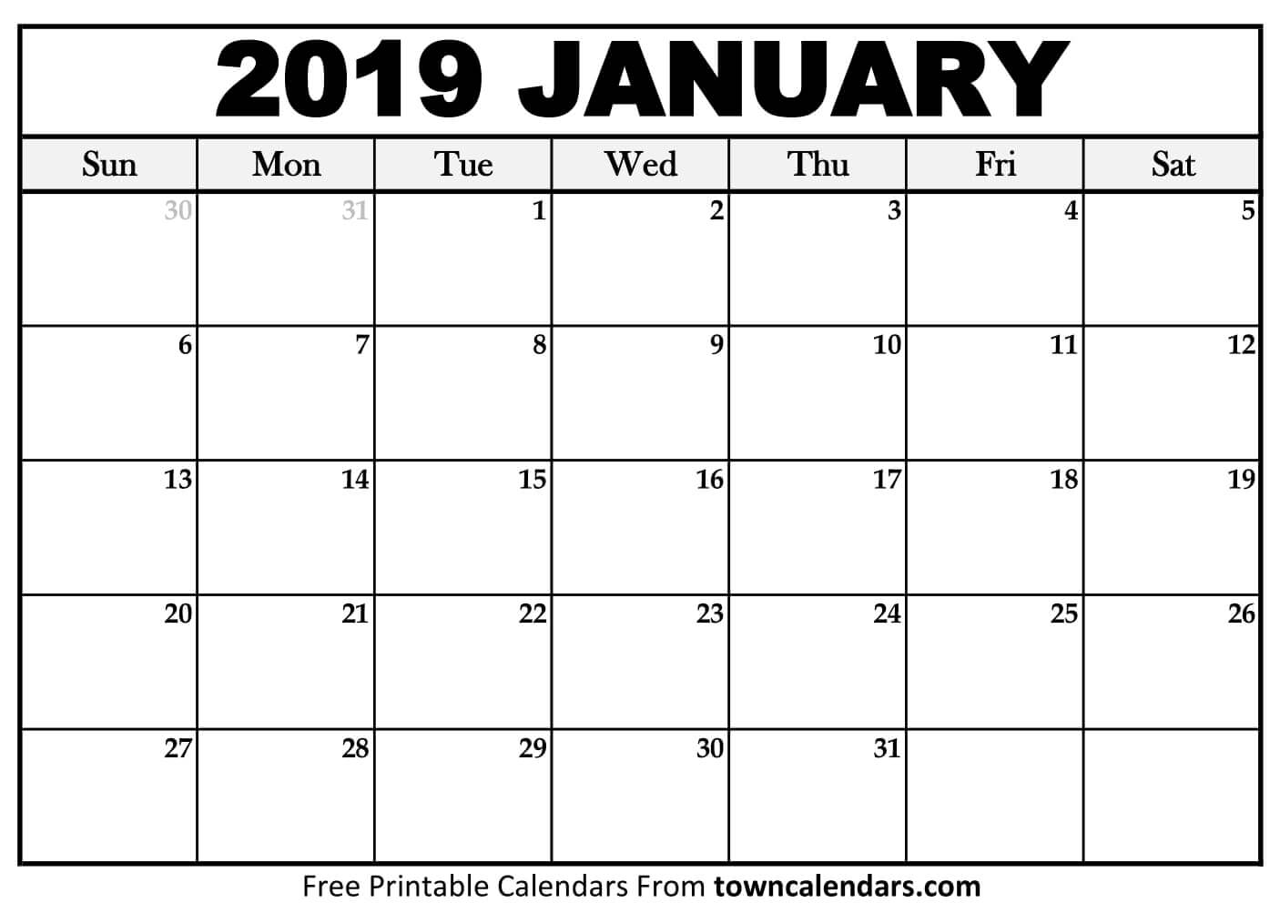 Printable January 2019 Calendar Towncalendars