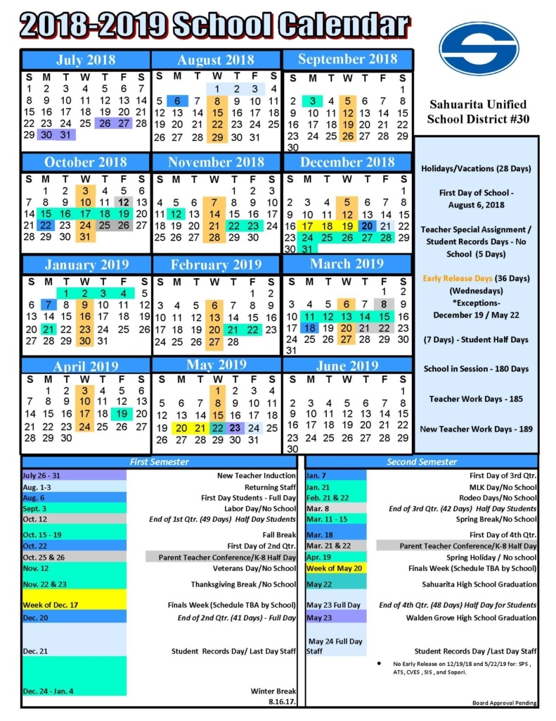 Sahuarita Unified School District Proposed 2018 2019 School Calendar