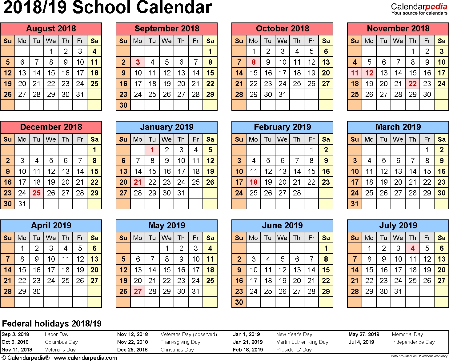 School Calendars 20182019 As Free Printable Word Templates