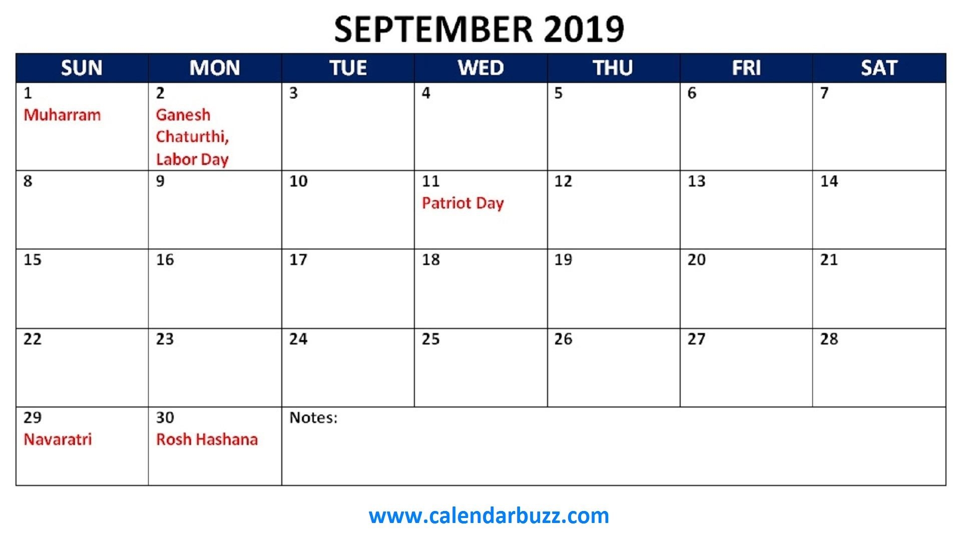 September  2019 Holidays Calendar
