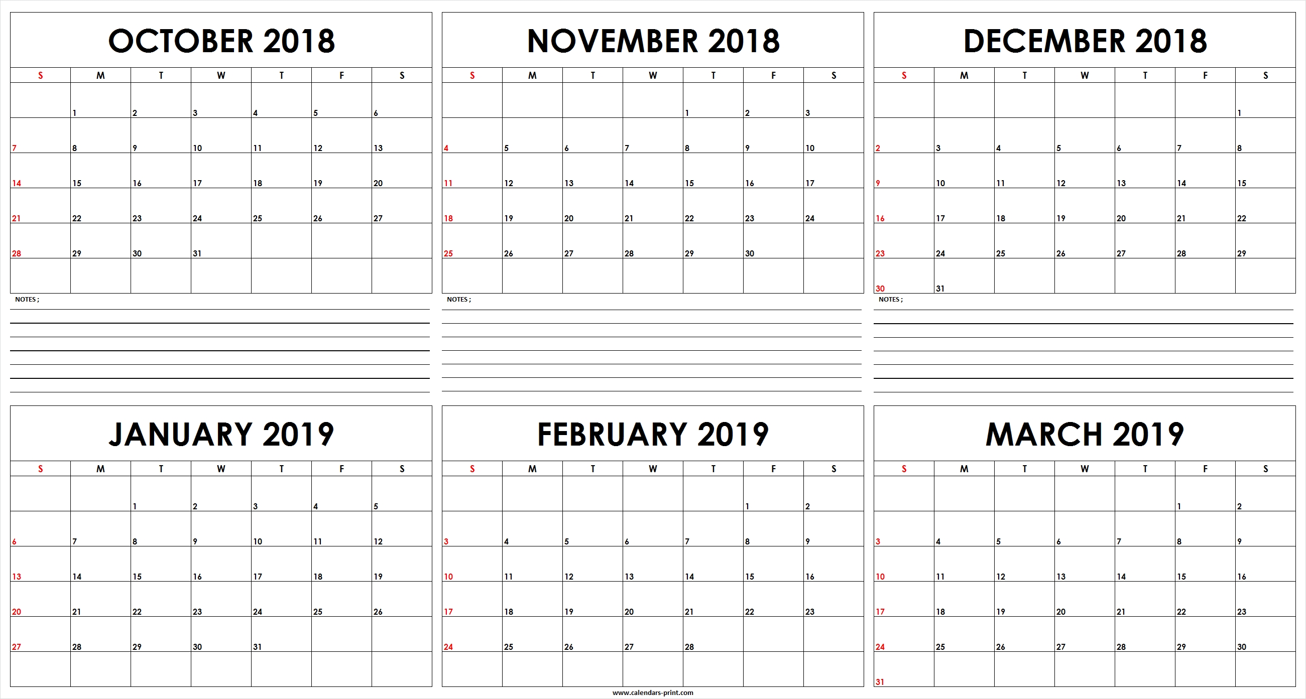 Six Monthly October 2018 To March 2019 Calendar Template Editable