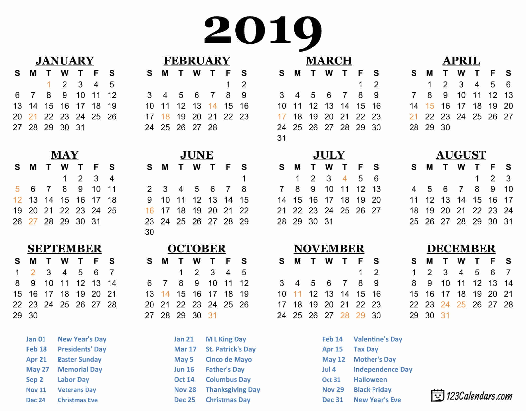 Printable 2019  Calendar