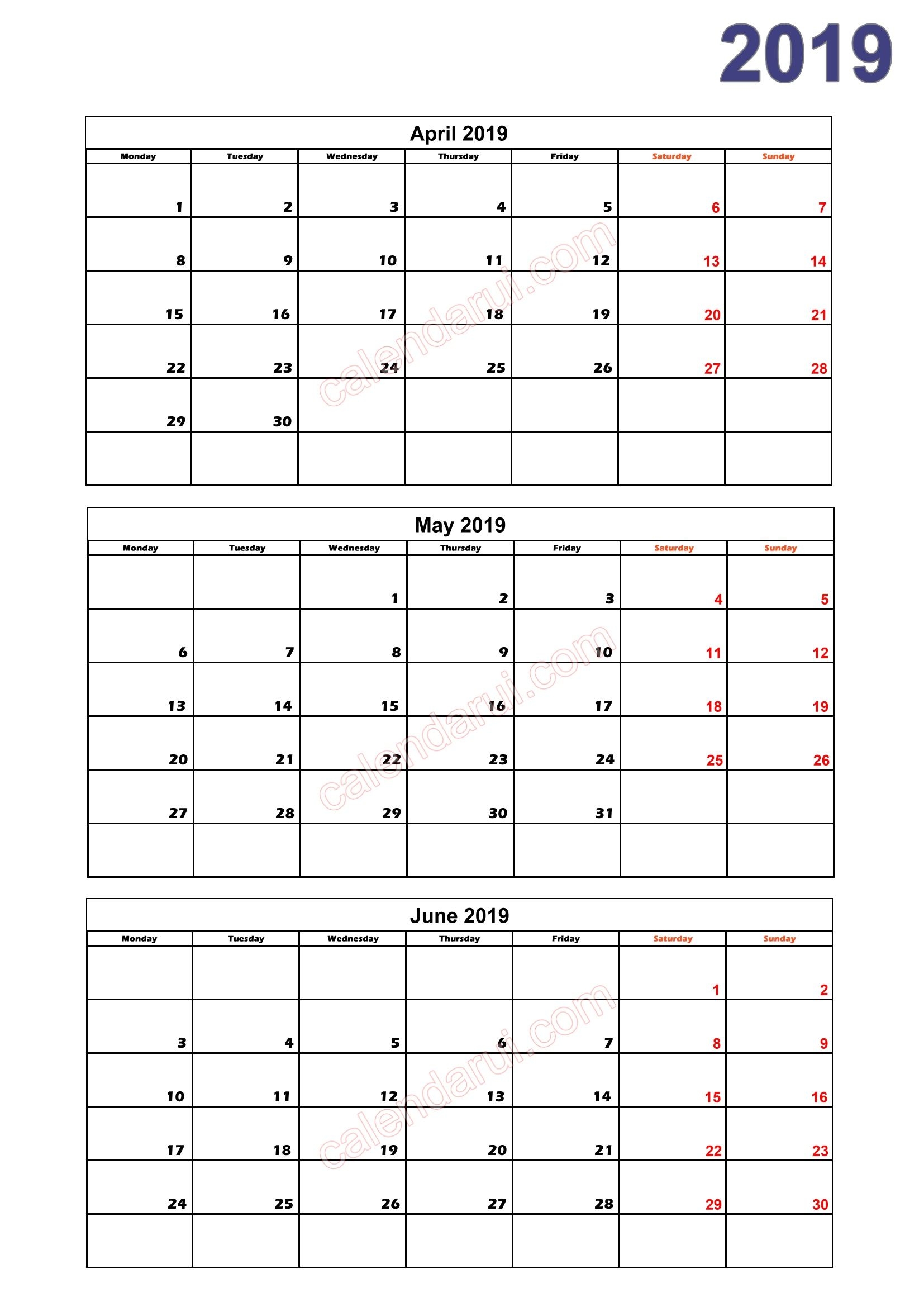 2019 Quarterly Calendar Template