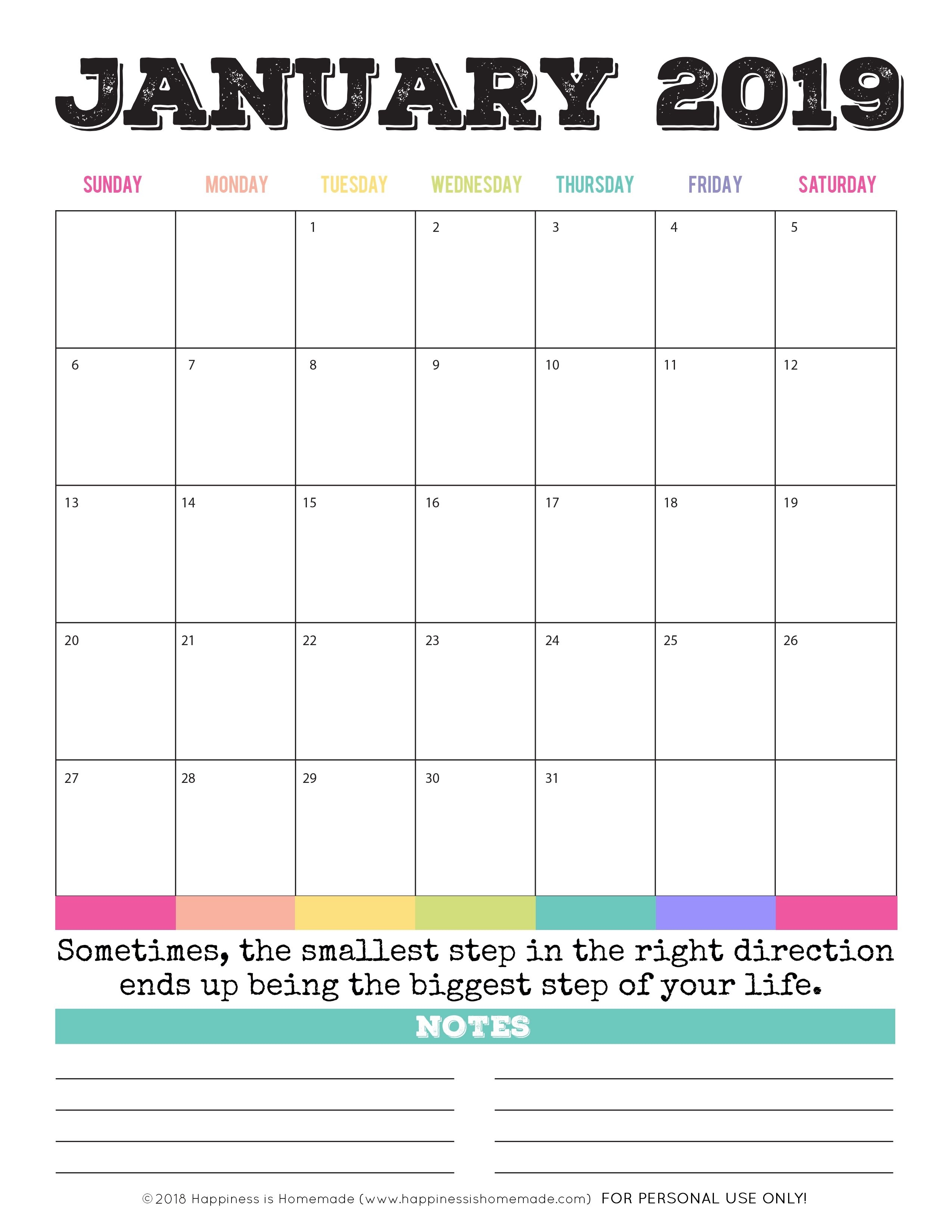 2019 Monthly Calendar Printable