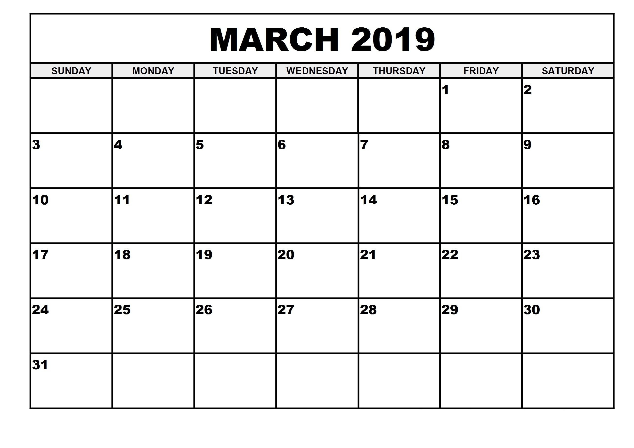 2019 Monthly Printable Calendar March 2019 Calendar 250 March