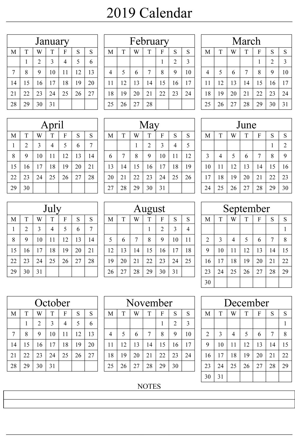 2019 Printable Calendar Templates Blank Word Pdf 2018 Calendar