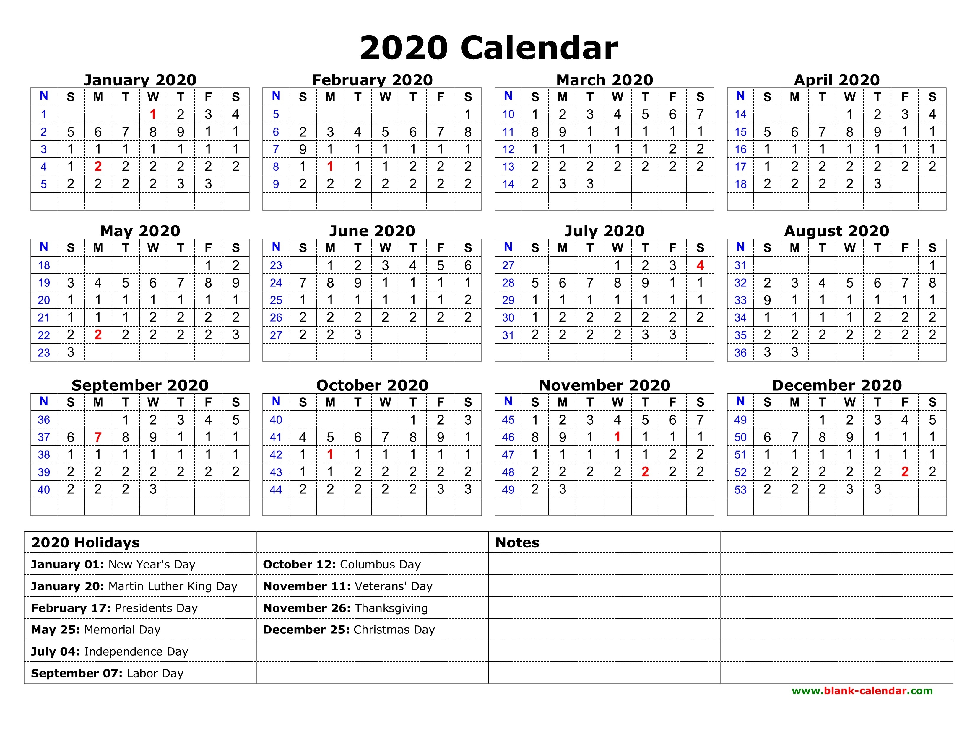 2020 Holiday Calendar Printable Free Download Printable Calendar