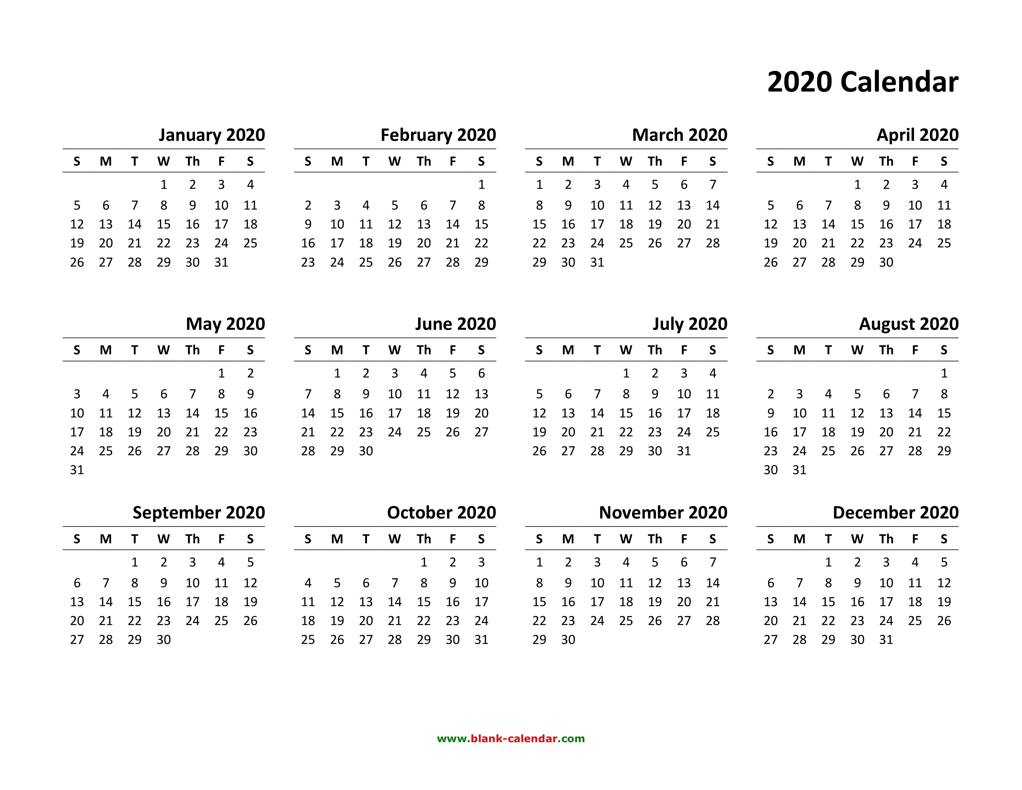 Printable Yearly 2020 Calendar