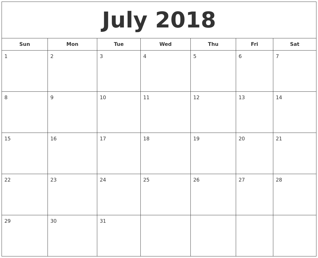 Blank Calendar July 2018 Booklet Template Printable Calendar