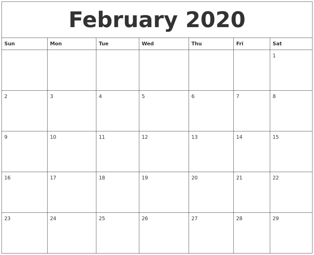 Blank February 2020 Calendar Printable February 2020 Blank Monthly