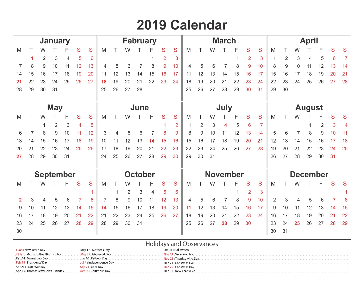 Blank Printable Calendar 2019 With Holidays Printableshelter