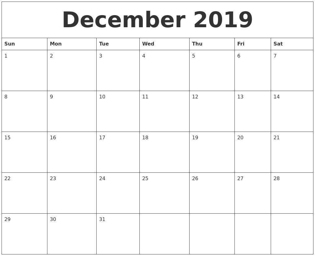 December 2019 Free Printable Weekly Calendar