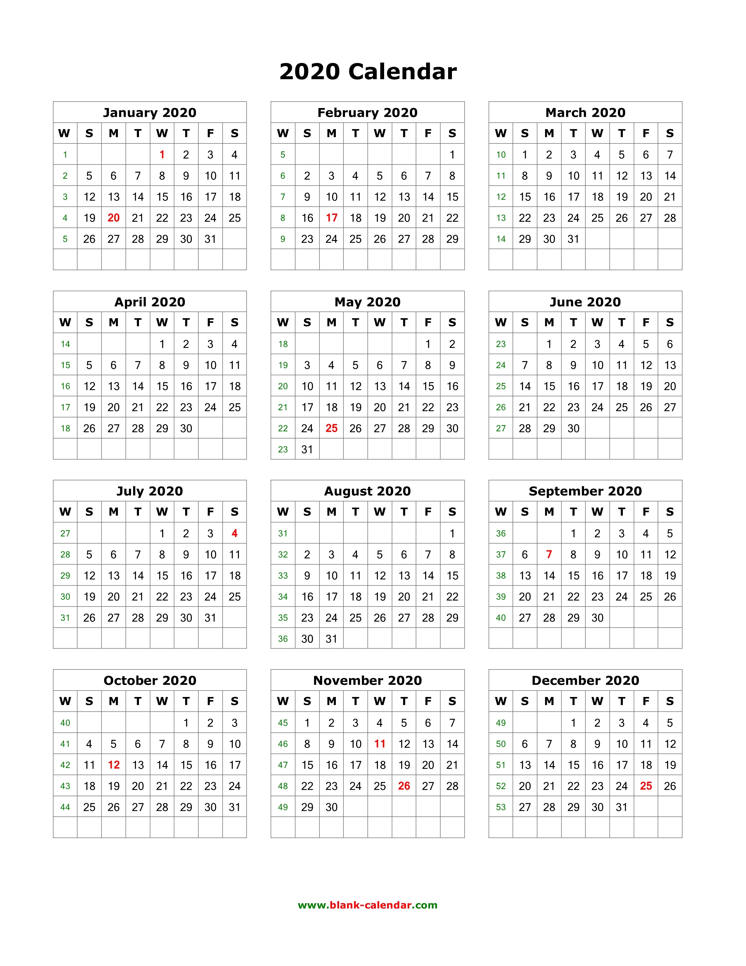 Download Blank Calendar 2020 12 Months On One Page Vertical