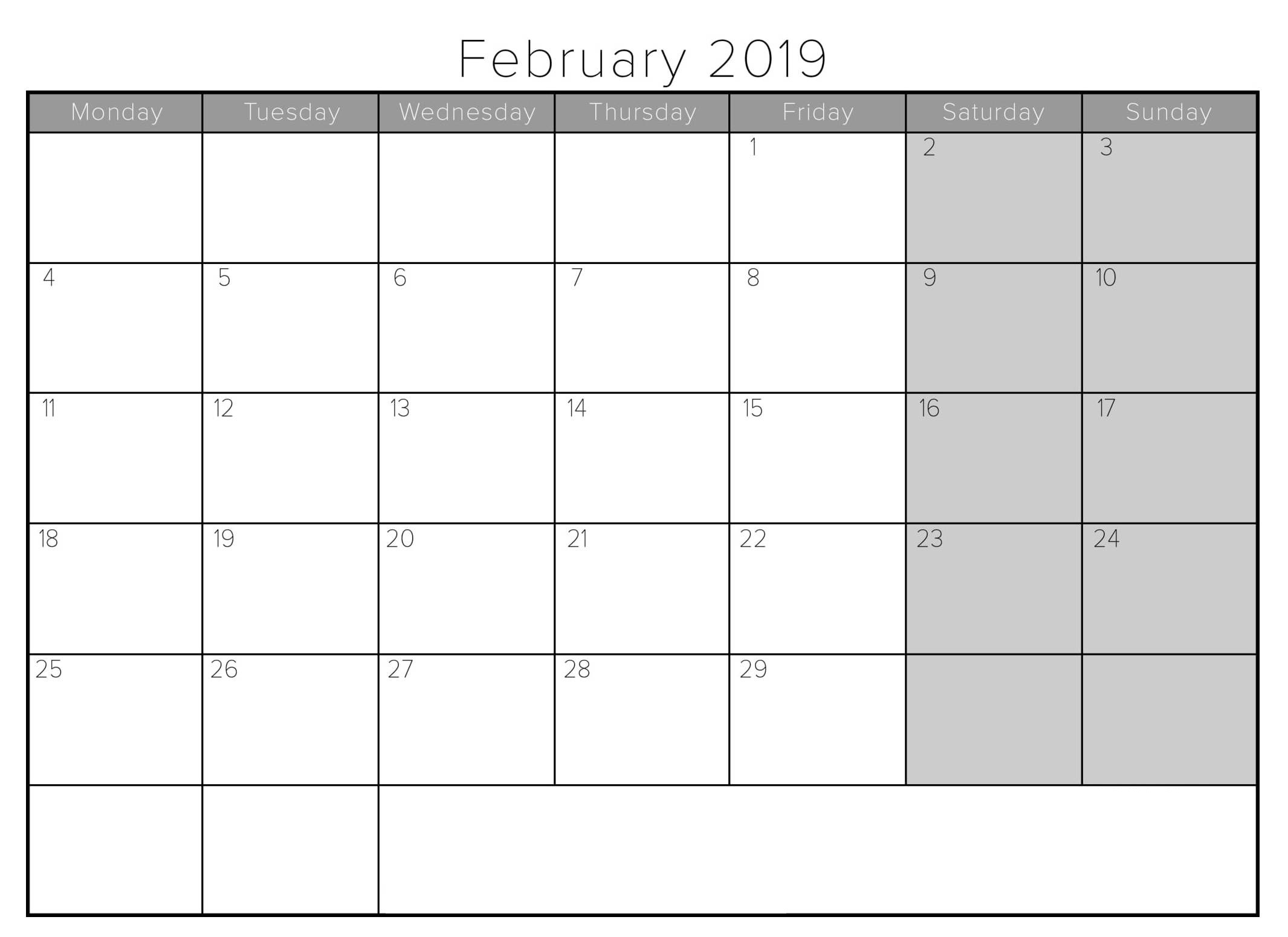 Fillable Monthly Calendar February 2019 Free Calendar Templates