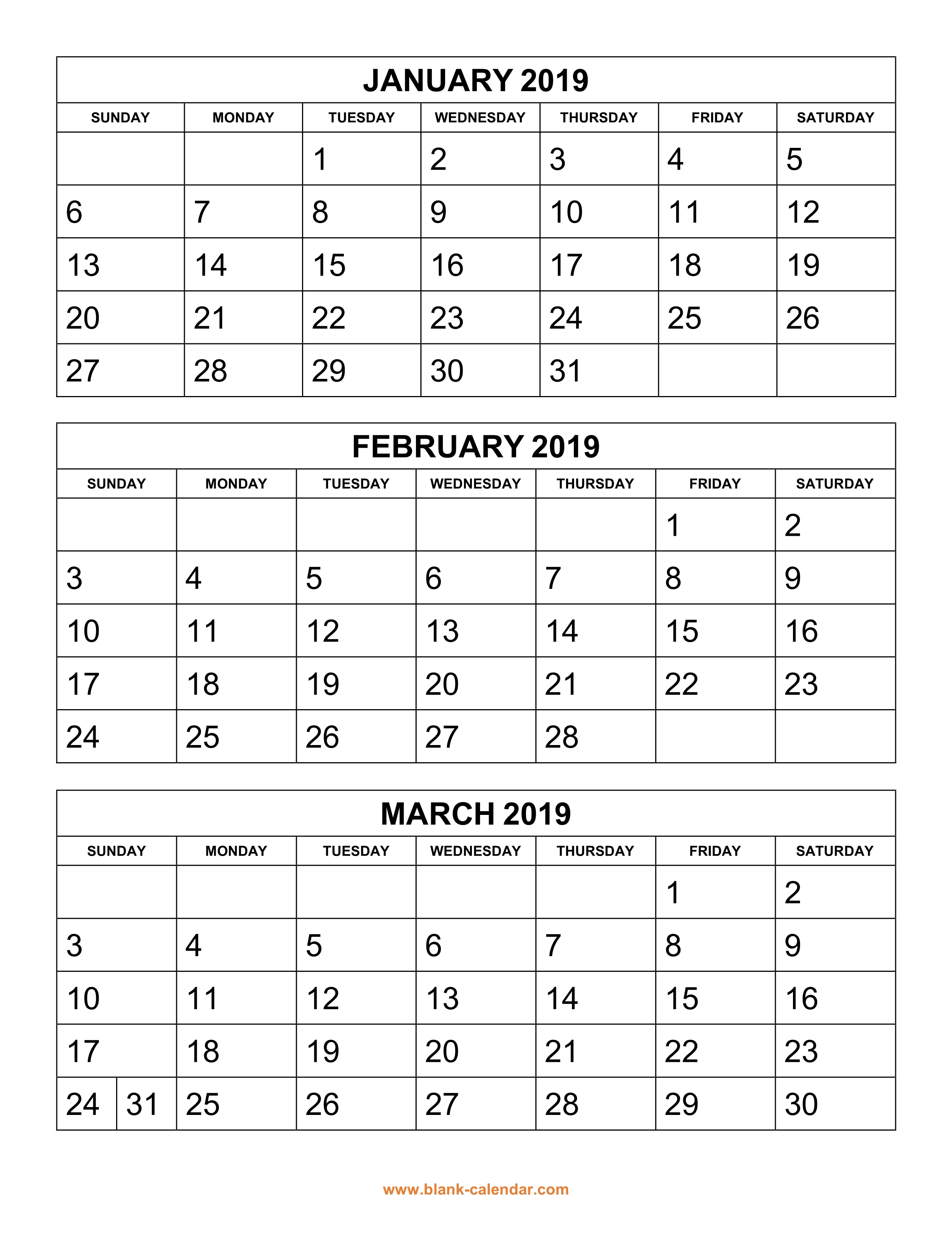 Free Download Printable Calendar 2019 3 Months Per Page 4 Pages