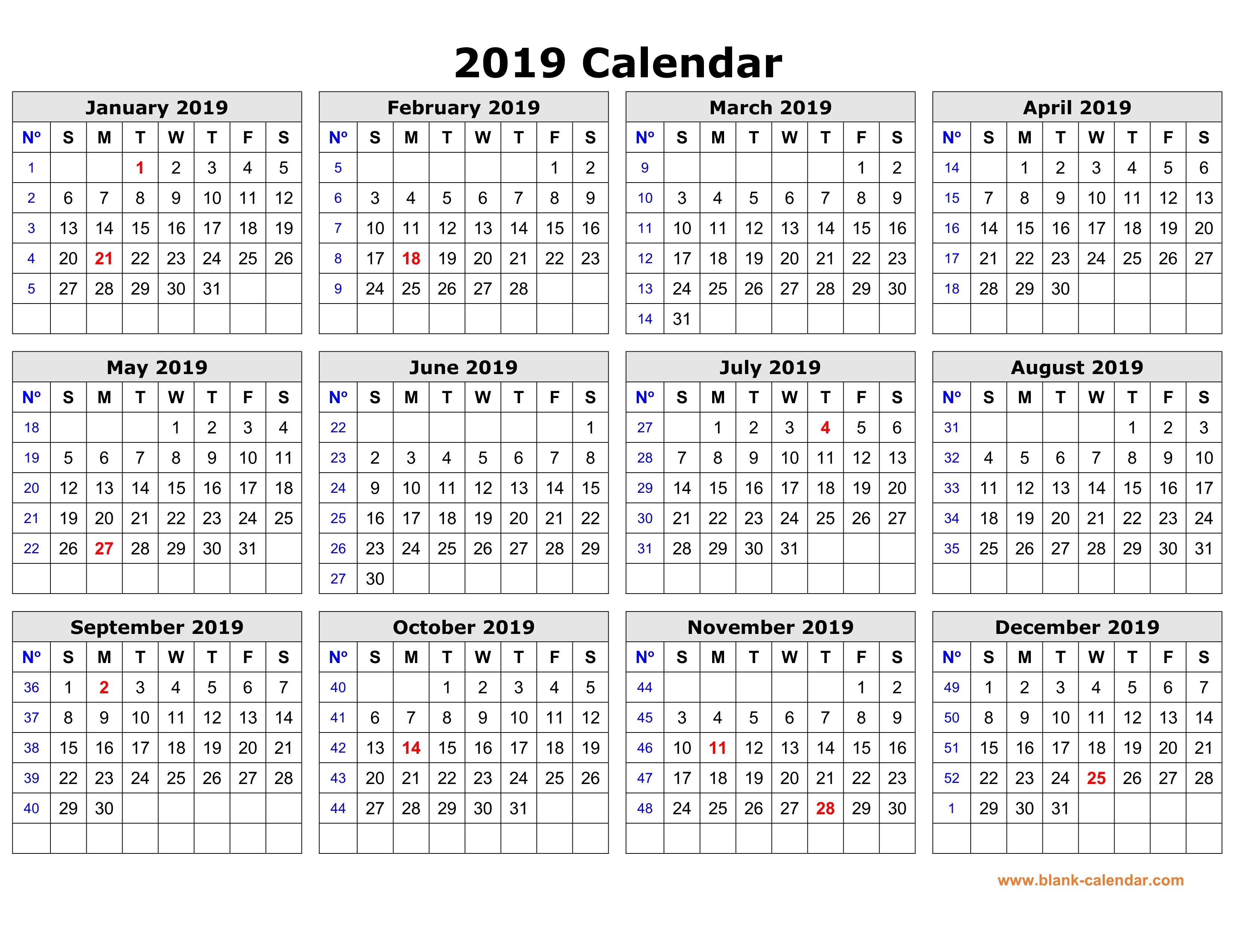 Free Download Printable Calendar 2019 In One Page Clean Design