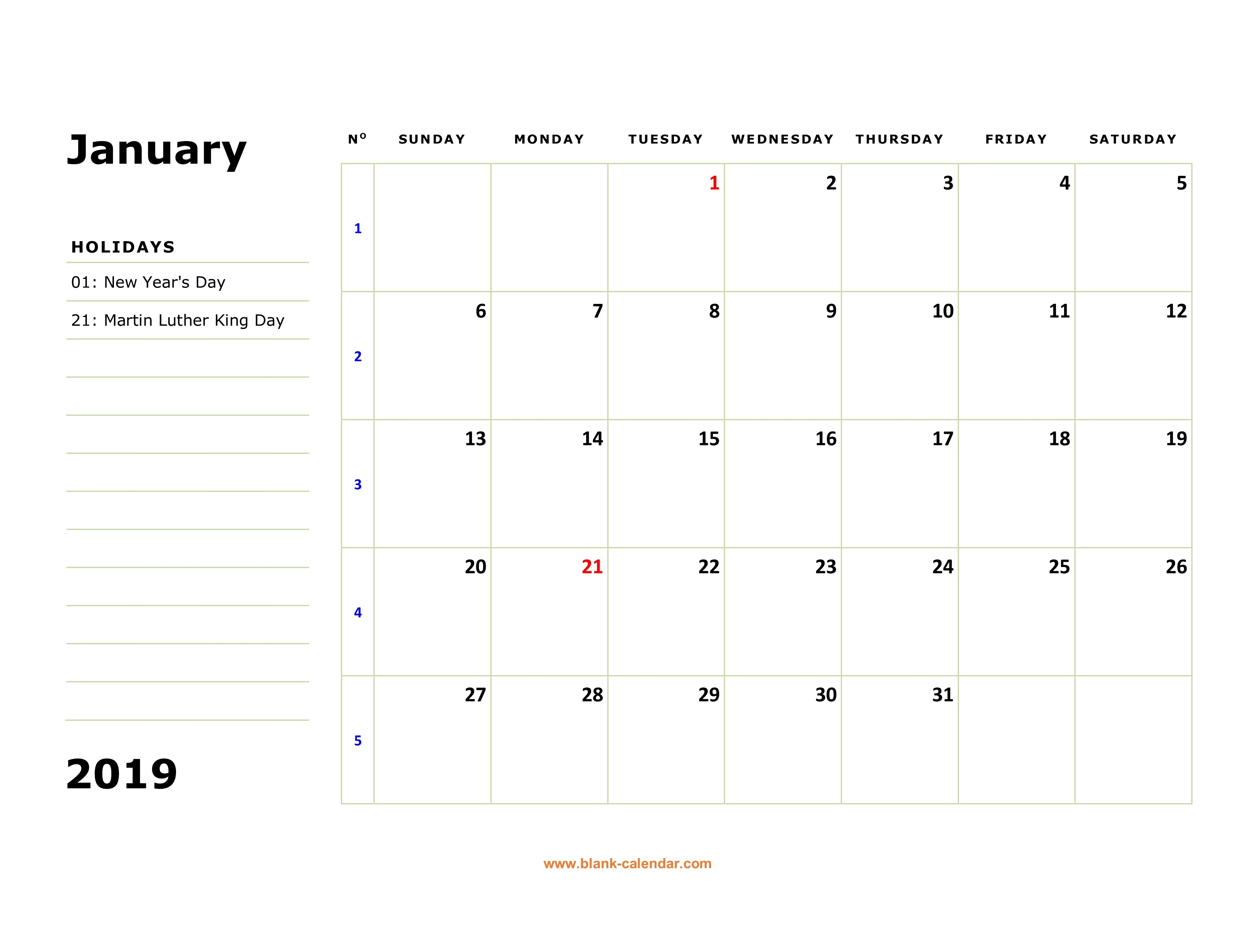 Free Download Printable Calendar 2019 Large Box Holidays Listed
