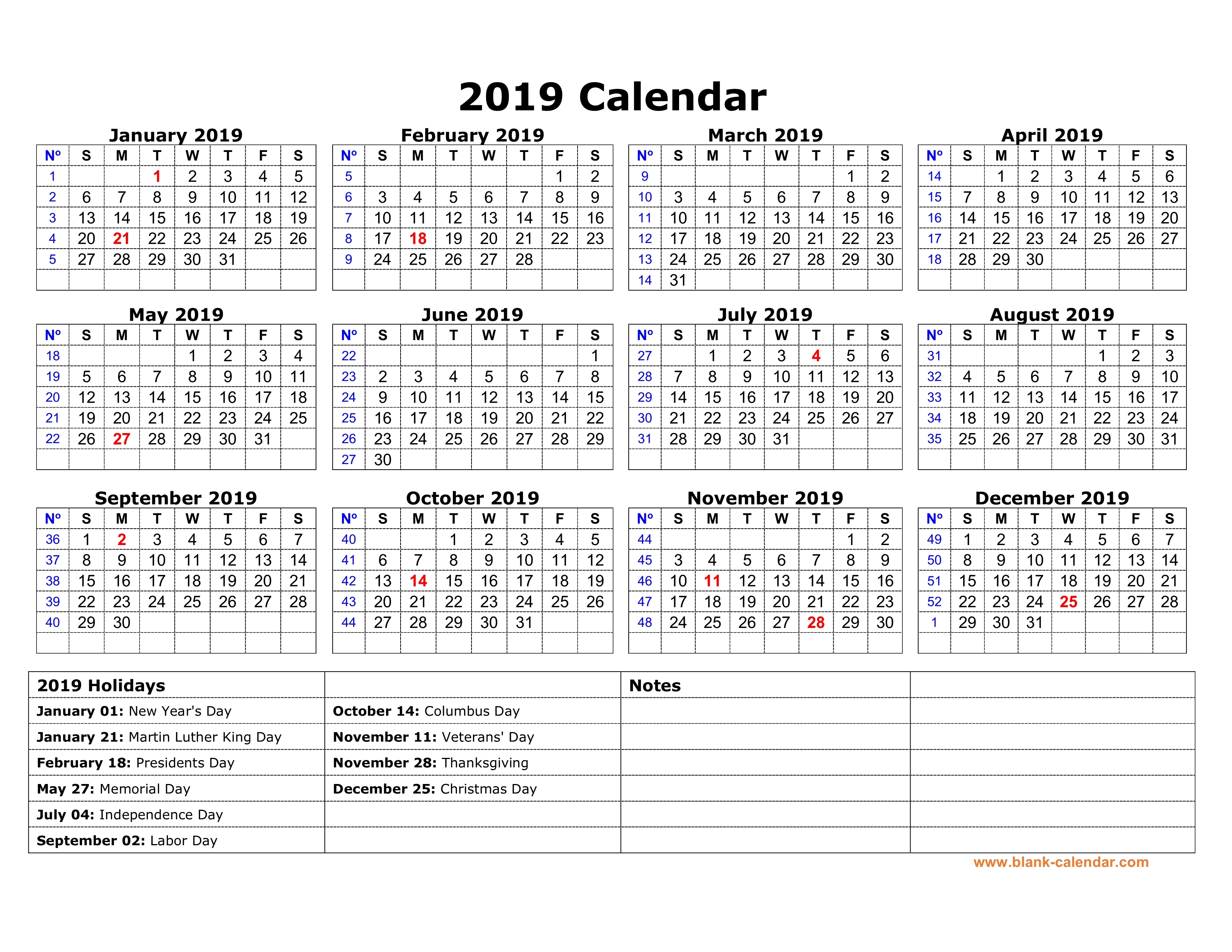 Free Printable Calendars With Holidays 2019