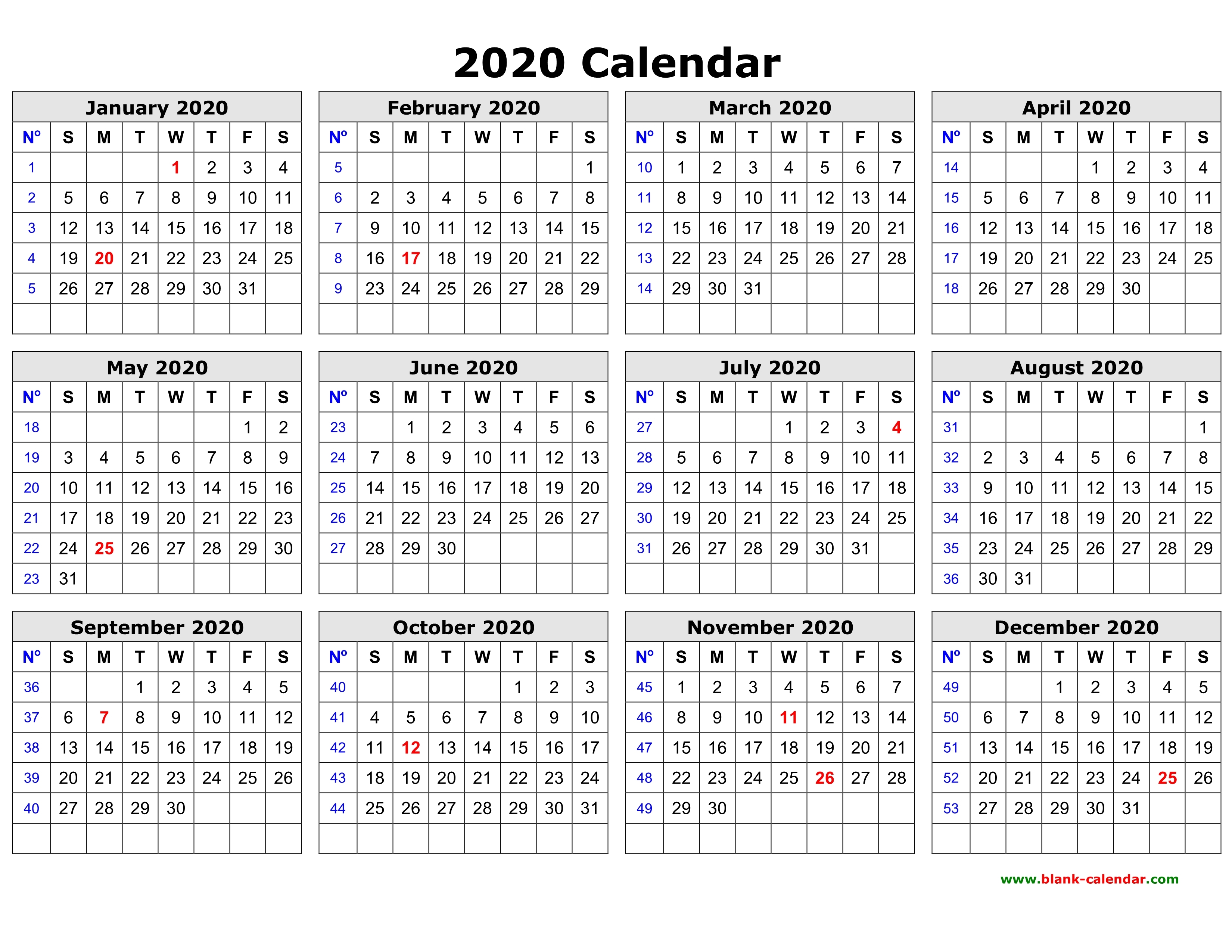 Printable Calendar 2020 Yearly