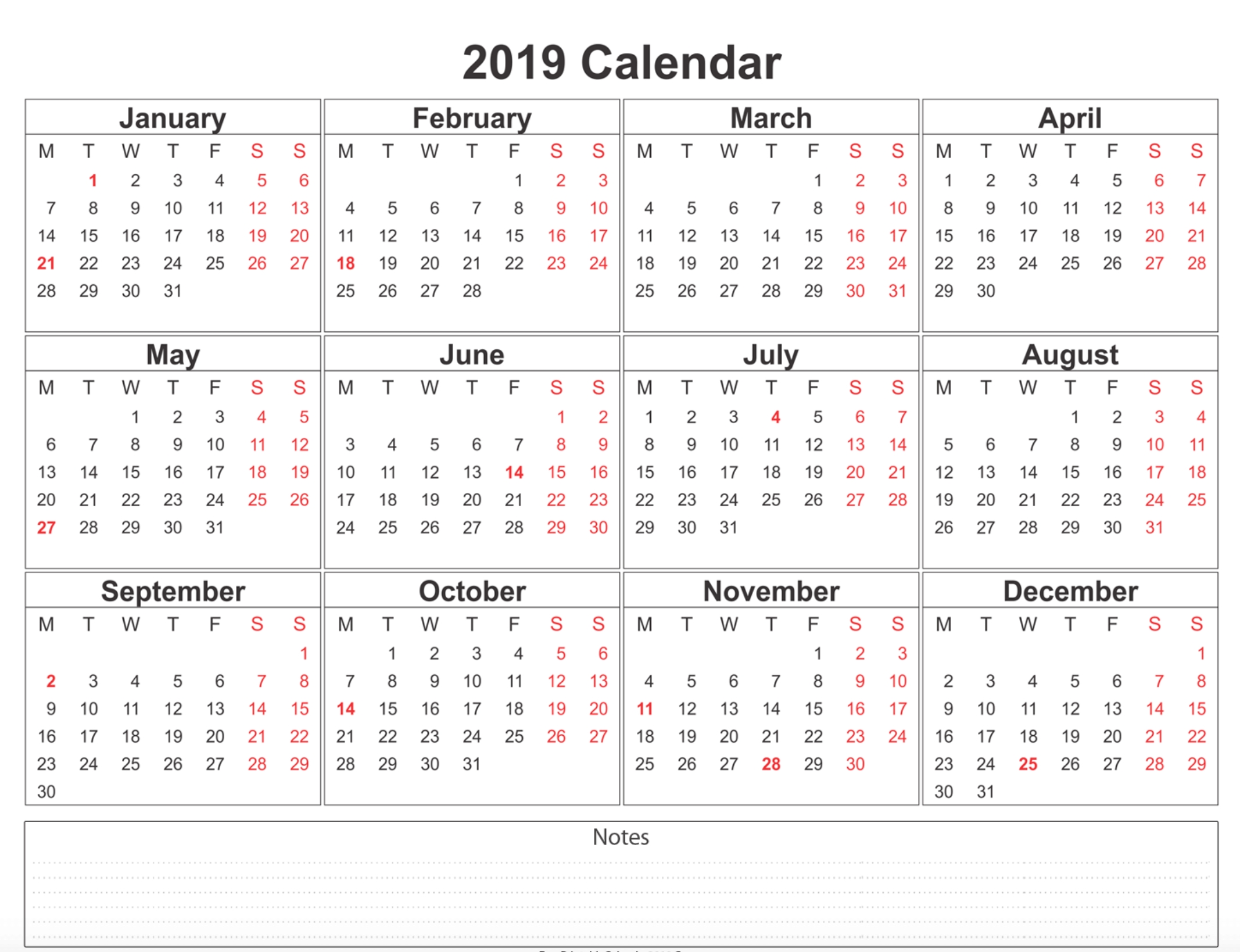 free printable 2019 calendar templates