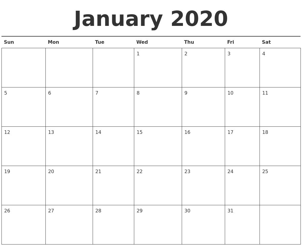 Printable Jan 2020 Calendar