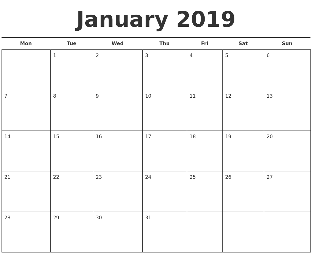 2019 Blank Monthly Calendar Printable