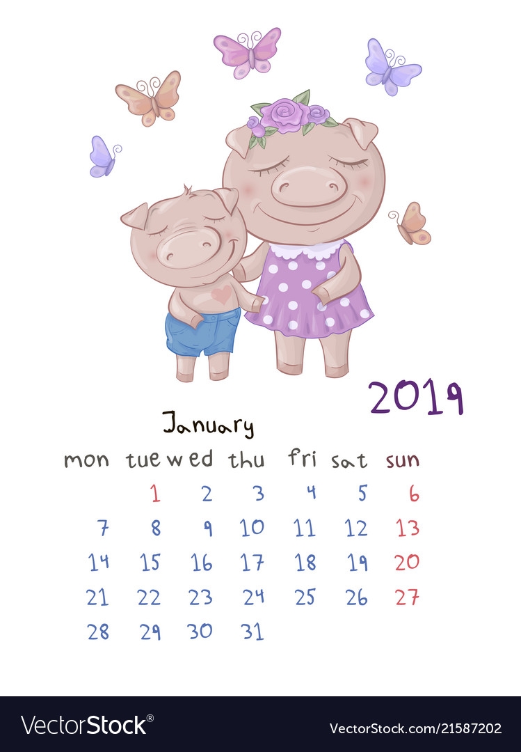 Monthly Creative Calendar 2019 With Cute Cartoon Vector Image