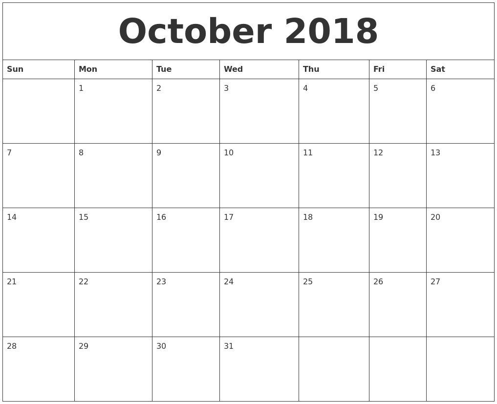 October 2018 Custom Calendar Printing