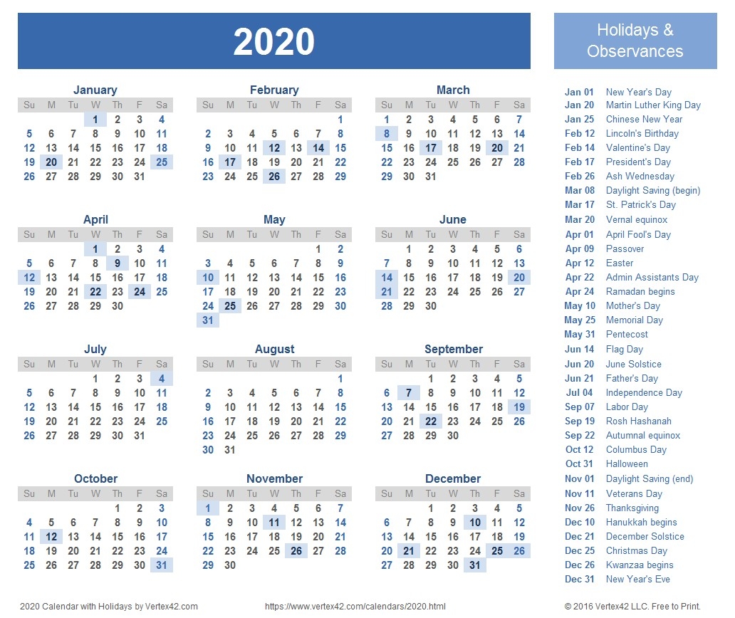 2020 Calendar Canada Printable