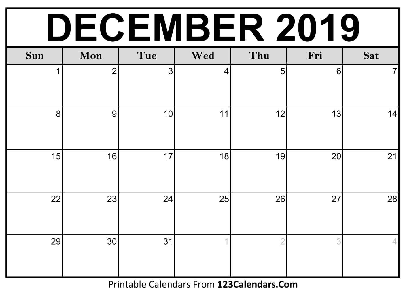 Dec 2019 Calendar Printable