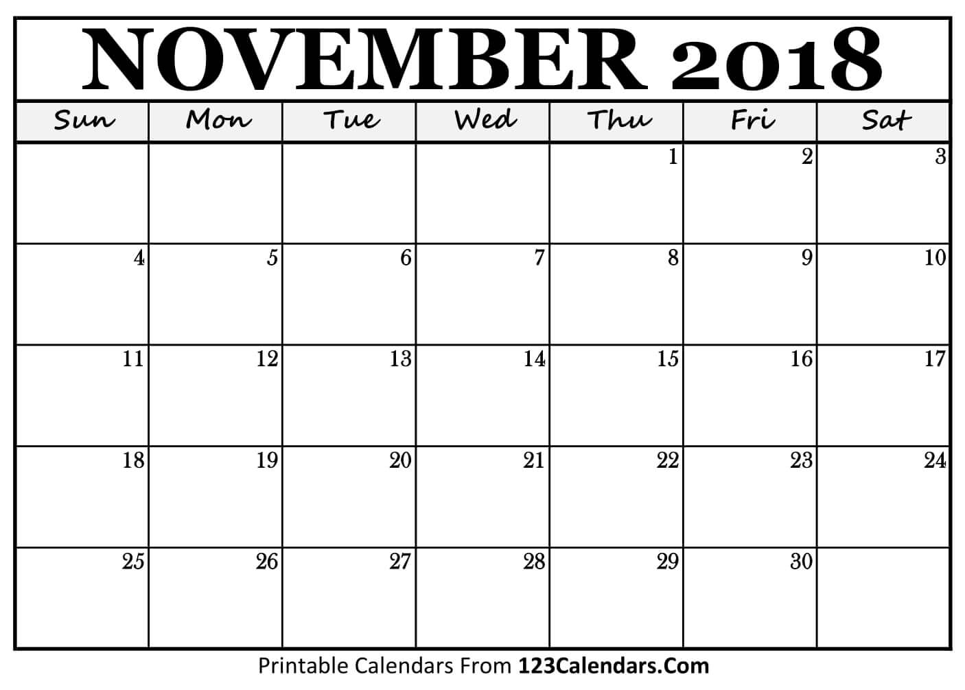 Printable November 2018 Calendar Templates 123calendars