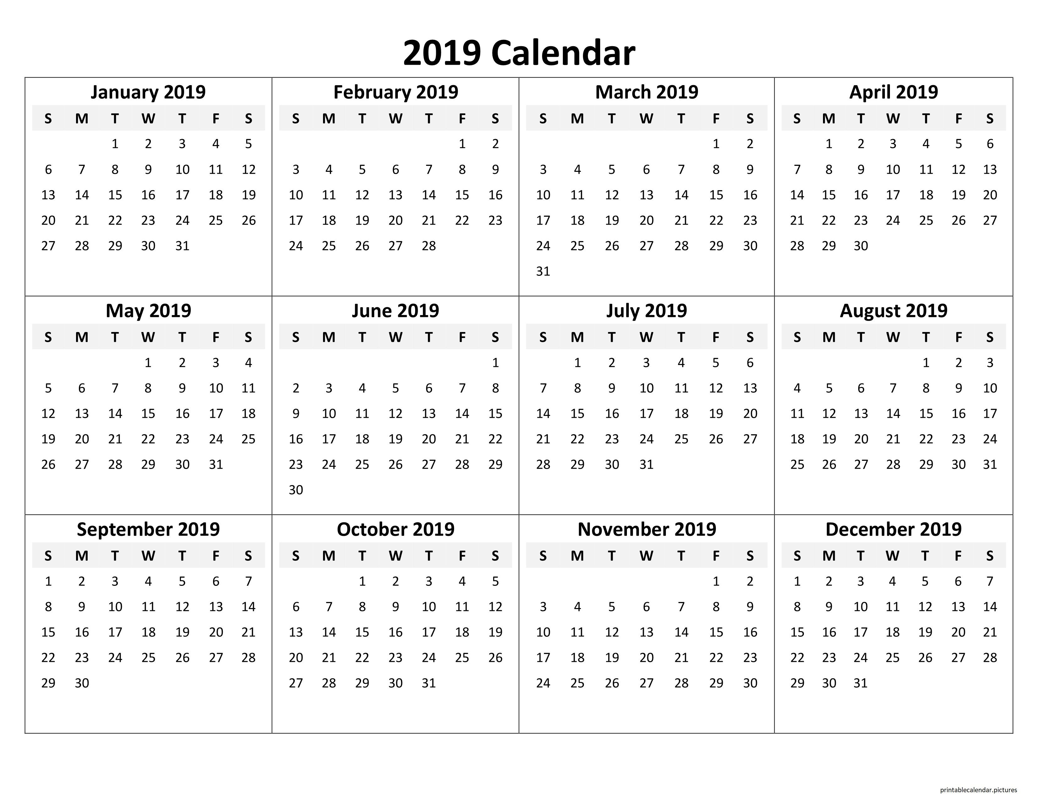 Printable Yearly Calendar 2019 Printable Calendar 2019 Pinterest