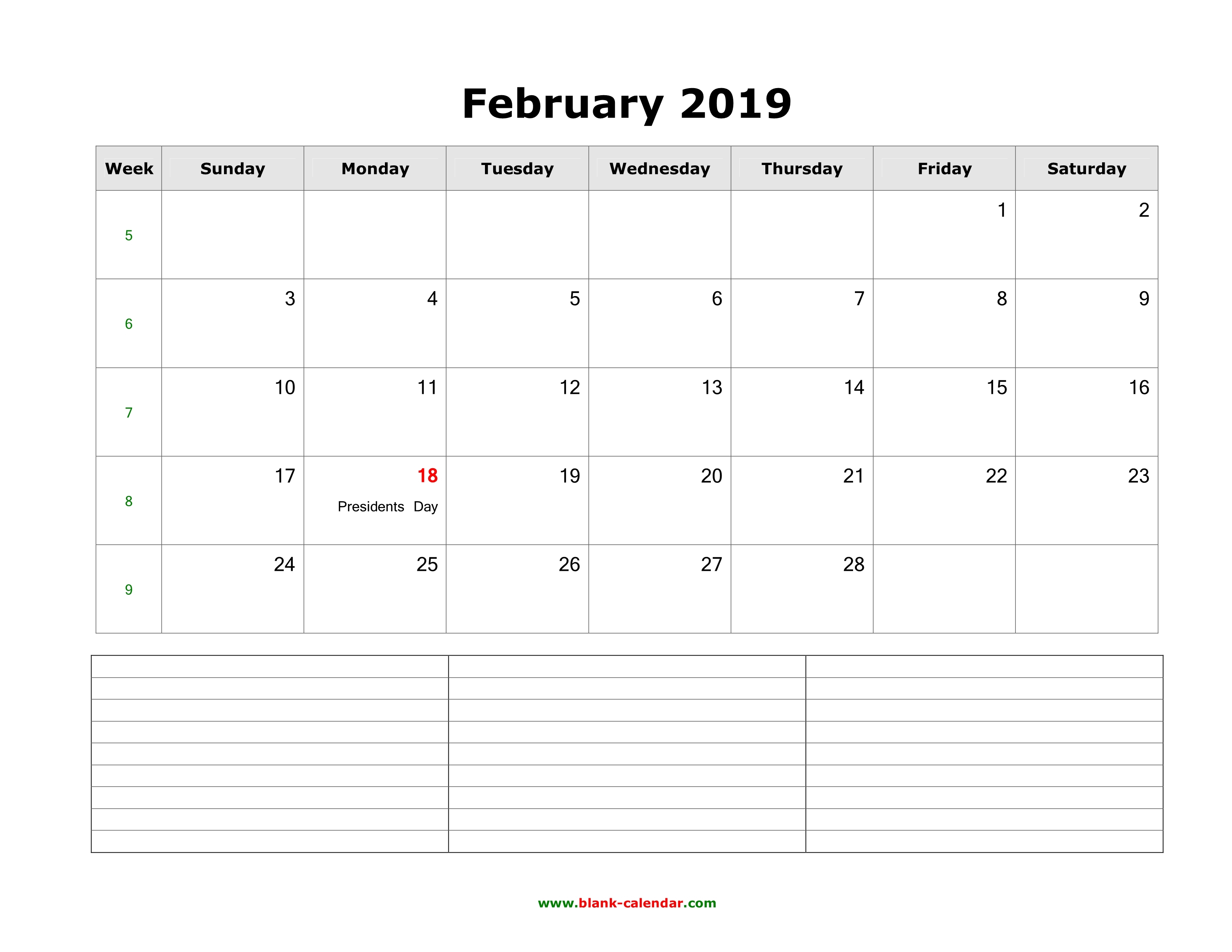 Download February 2019 Blank Calendar With Space For Notes Horizontal