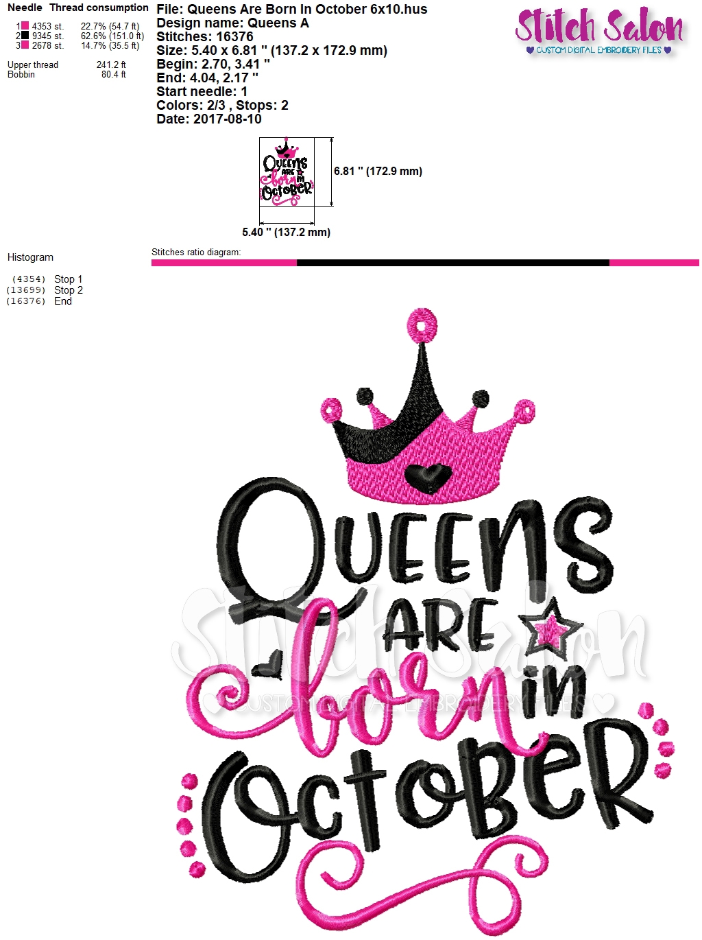 Queens Are Born In October Birthday Embroidery Design Files Stitch
