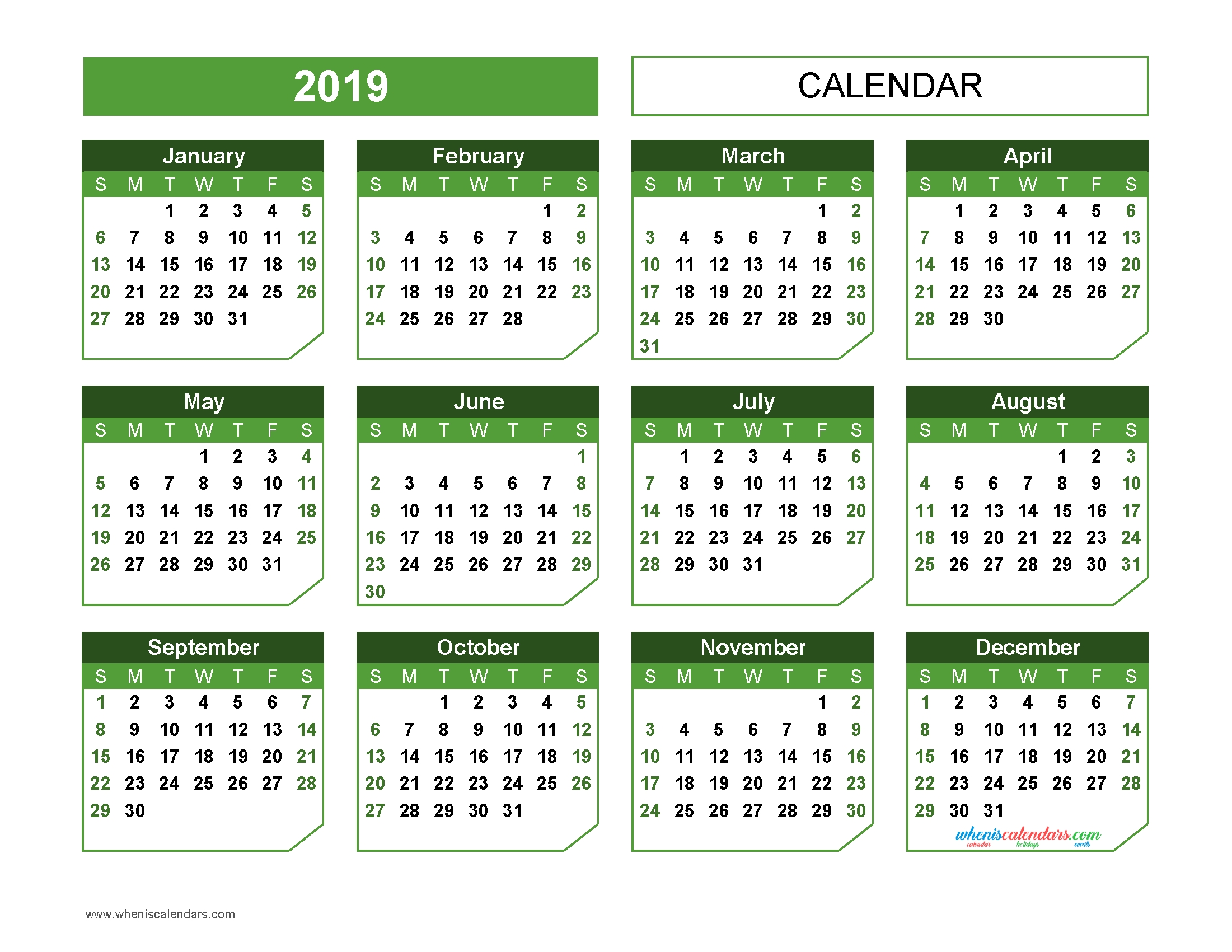 2019 Yearly Calendar Printable Landscape Format Green In Champer