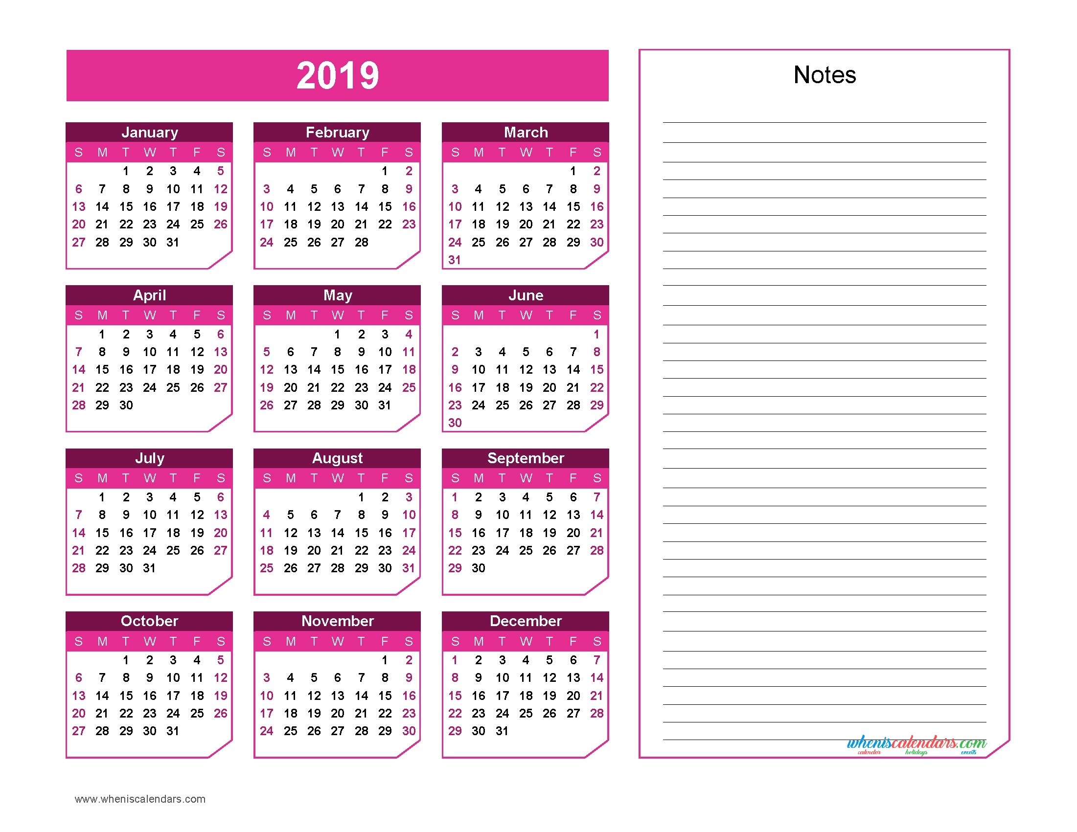 2019 Yearly Calendar With Notes Printable Chamfer Collection Redviolet