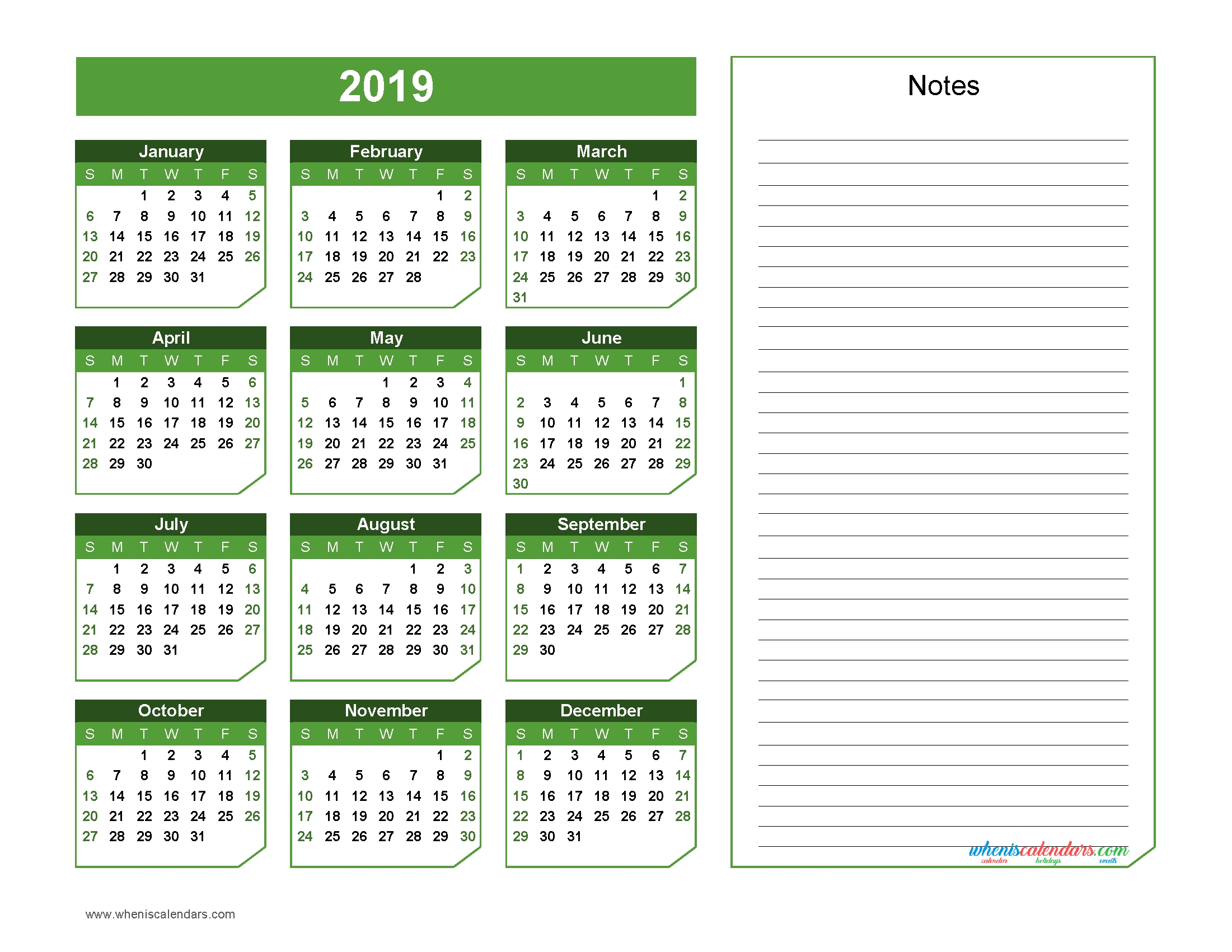 2019 Yearly Calendar With Notes Printable Chamfer Collection Green