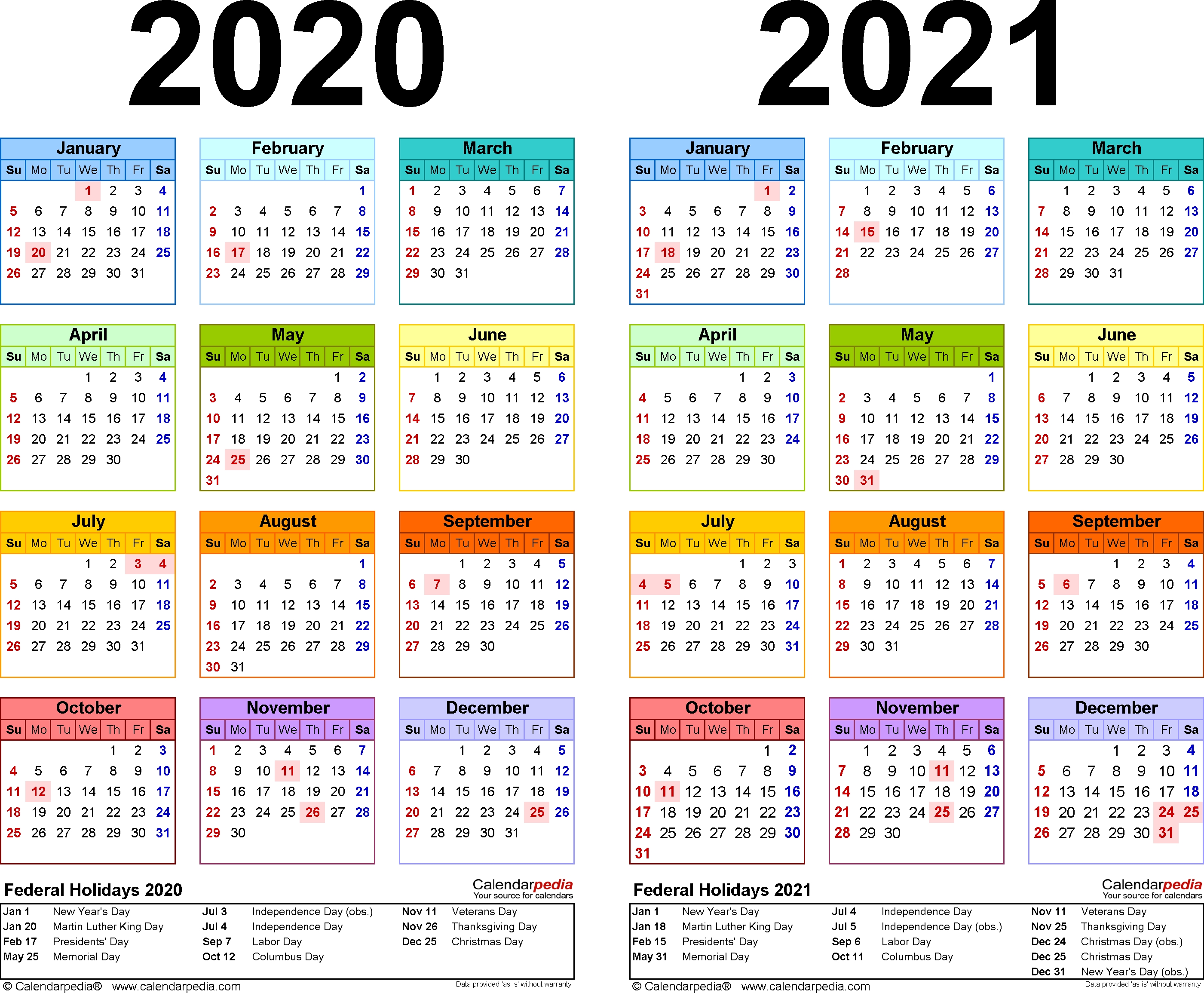 2020 2021 Calendar Free Printable Two Year Pdf Calendars