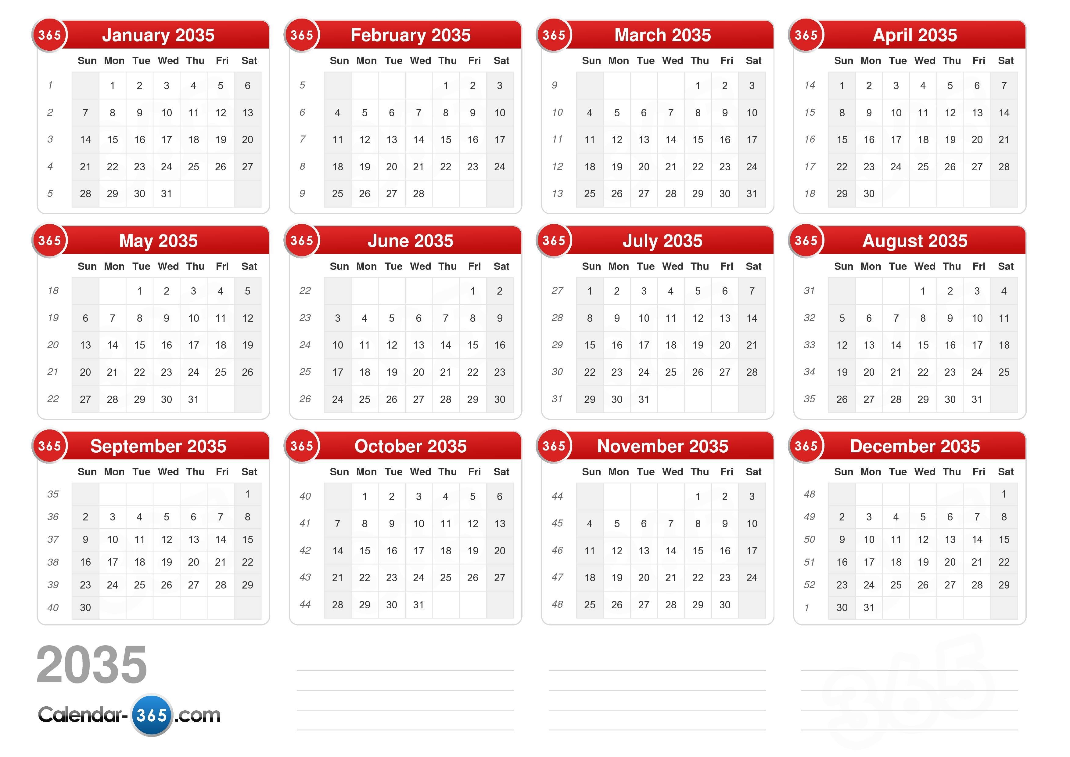 Online Calendar 2035 With Week Numbers
